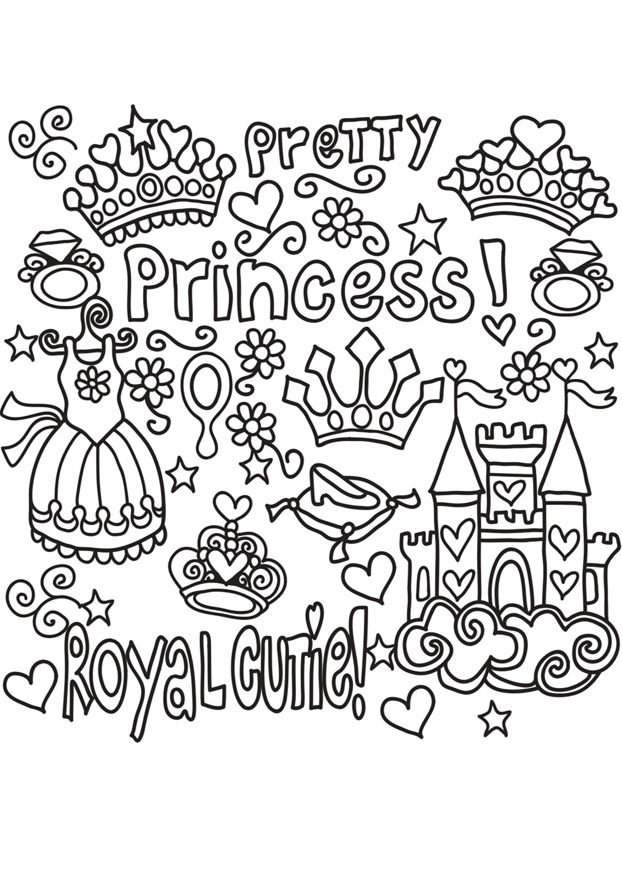 A pretty princess-themed doodle. A princess dress, a tiara, a crown, a castle ... and pretty words ... everything to take you away to an enchanted kingdom.