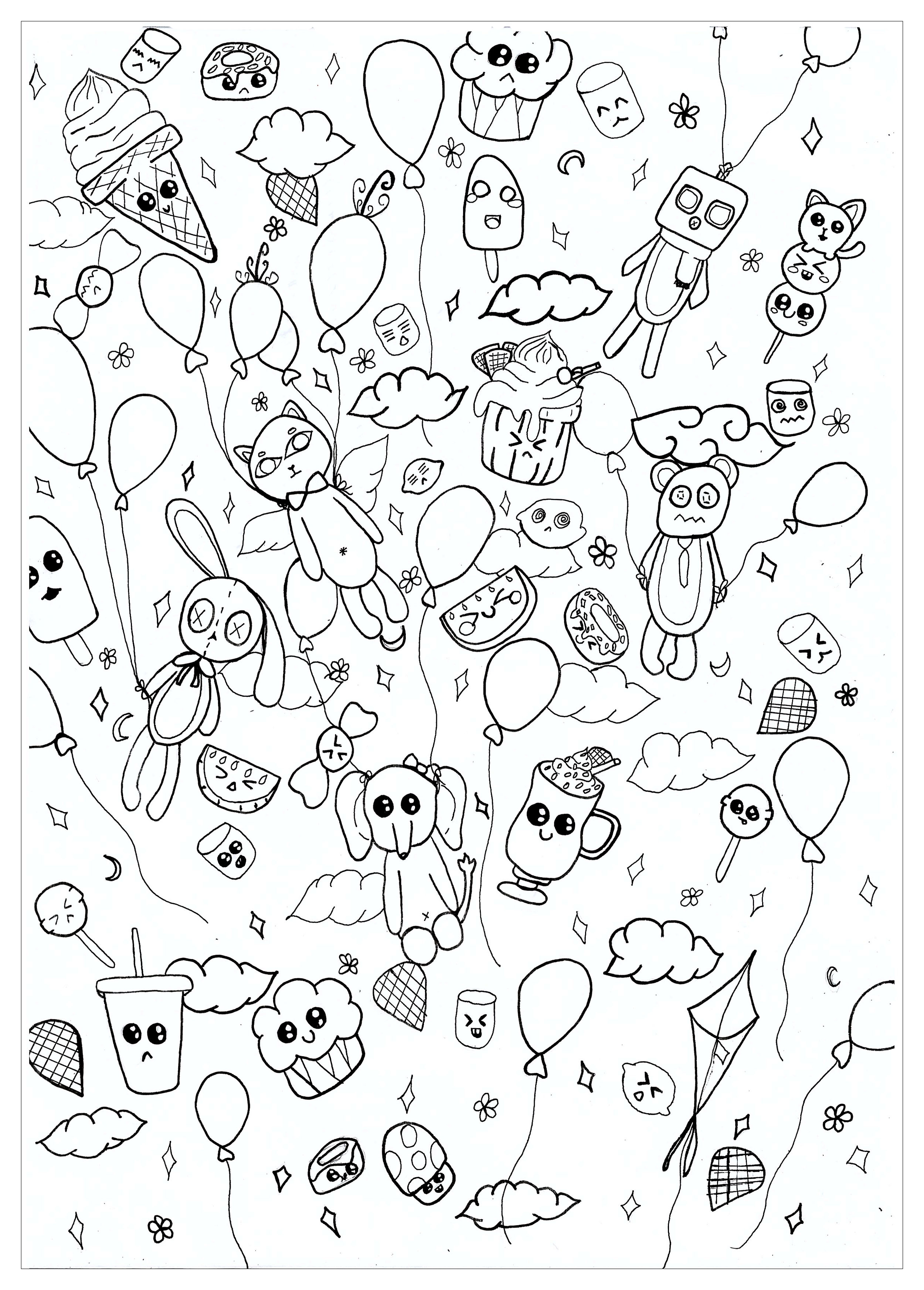 Doodle coloring page of a PARTY with Kawaii characters