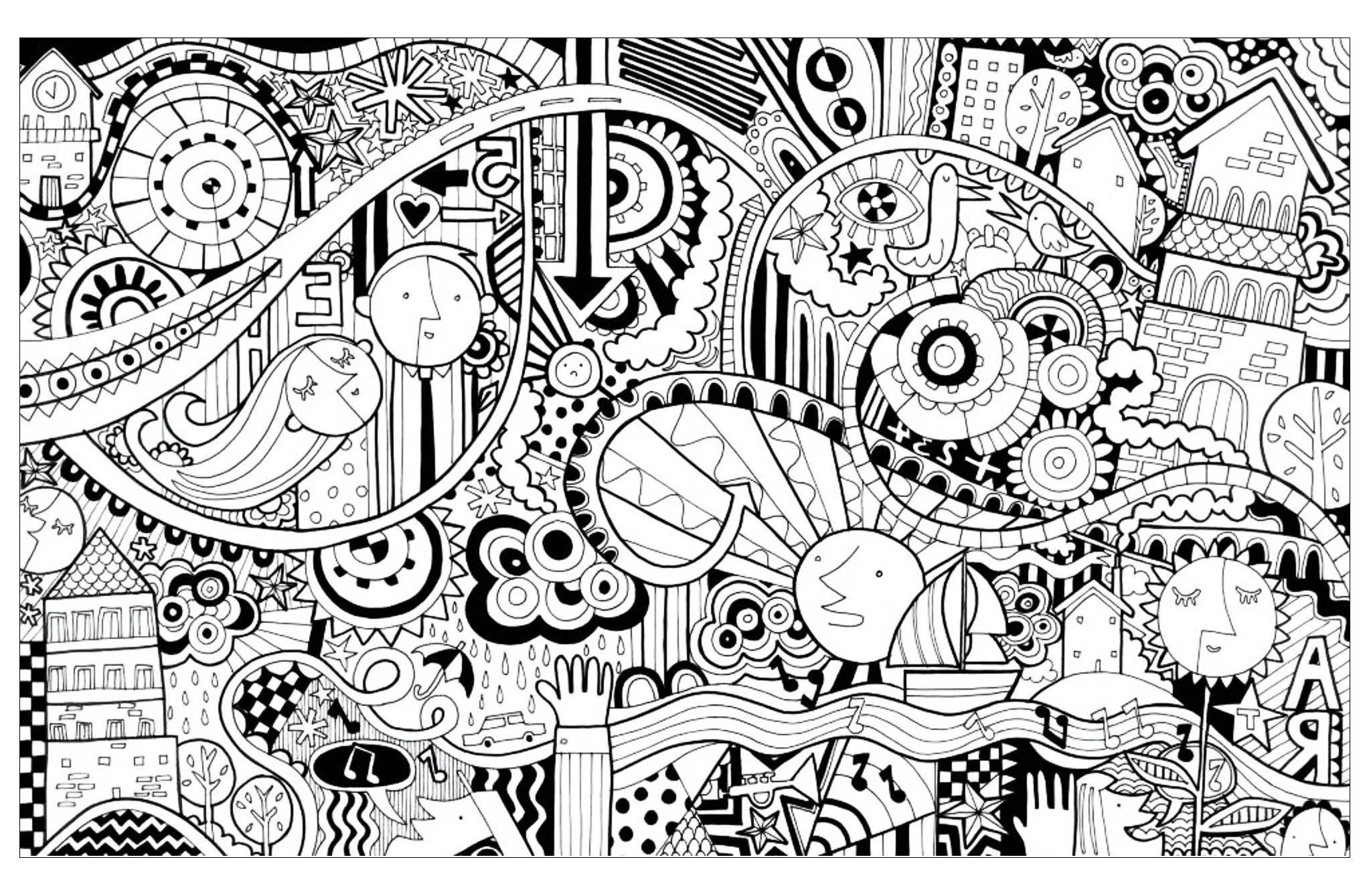 Funny city in Doodle (Printable Doodle Art / Doodling Coloring Page for adults)