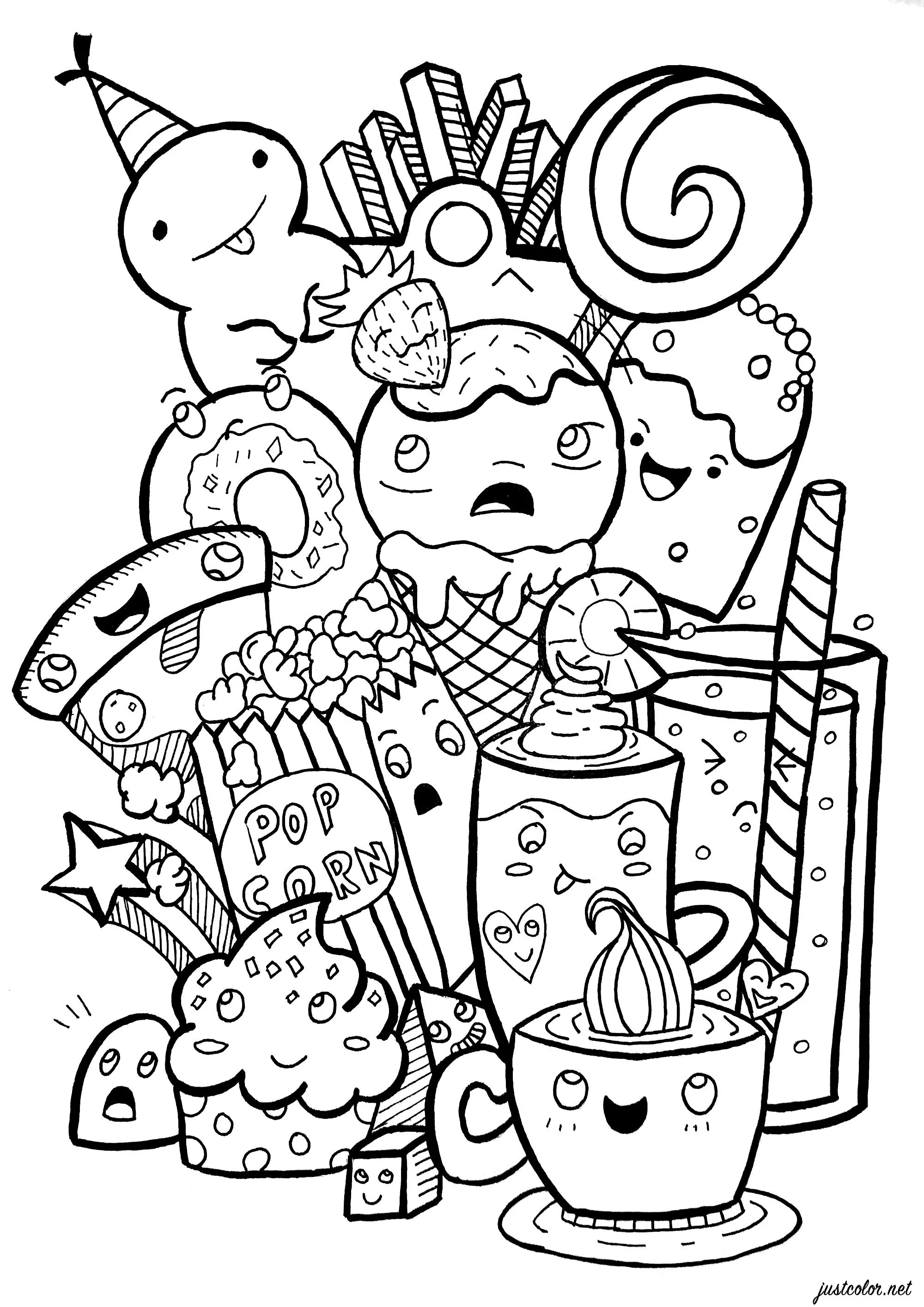 Junk food Doodle (Printable Doodle Art / Doodling Coloring Page for adults)