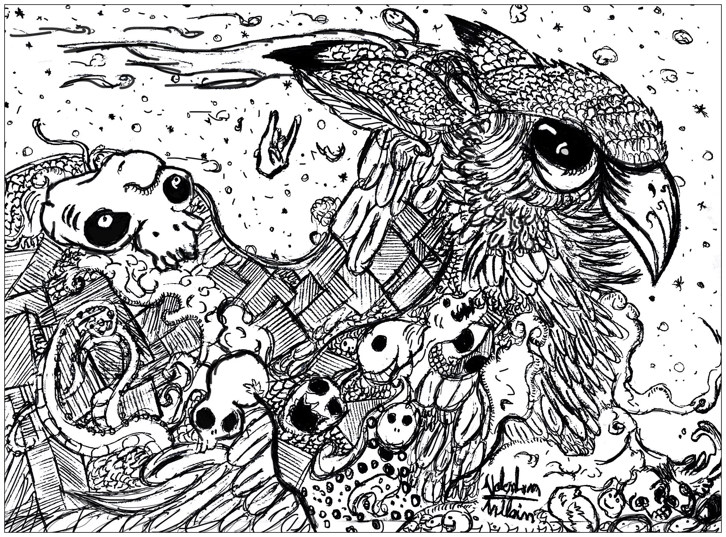 Doodle valentin hibou (Printable Doodle Art / Doodling Coloring Page for adults)