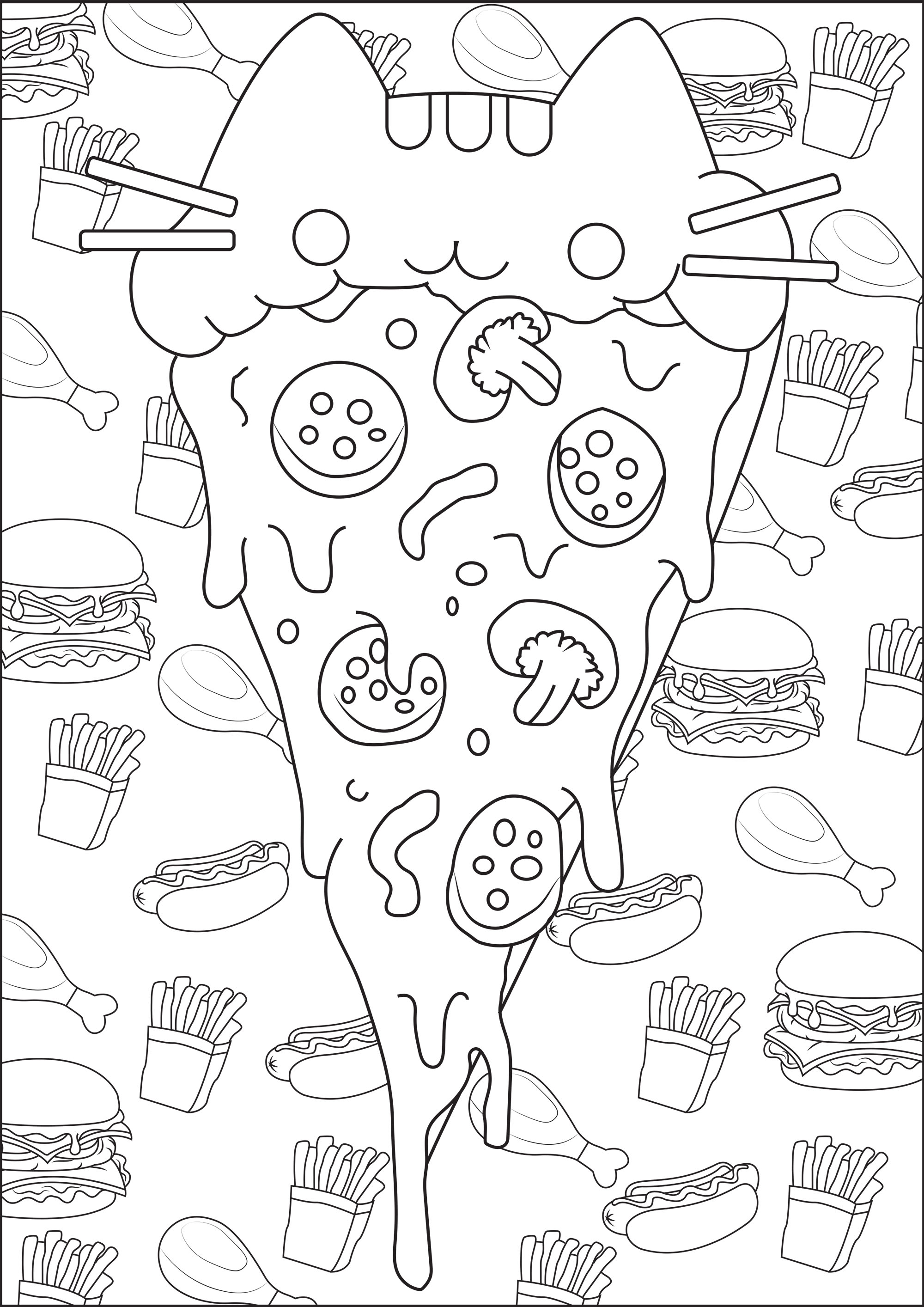 Color this Pusheen pizza, with a background full of junk food stuffs