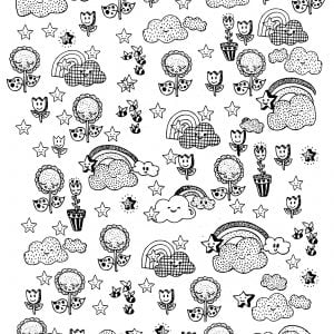 Coloring Page Adult Happy Doodles Anti Stress Sun Clouds Flowers And Bees