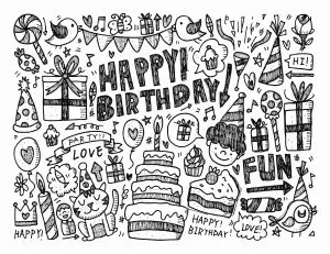 Birthday cake and festive decorations in a doodle universe
