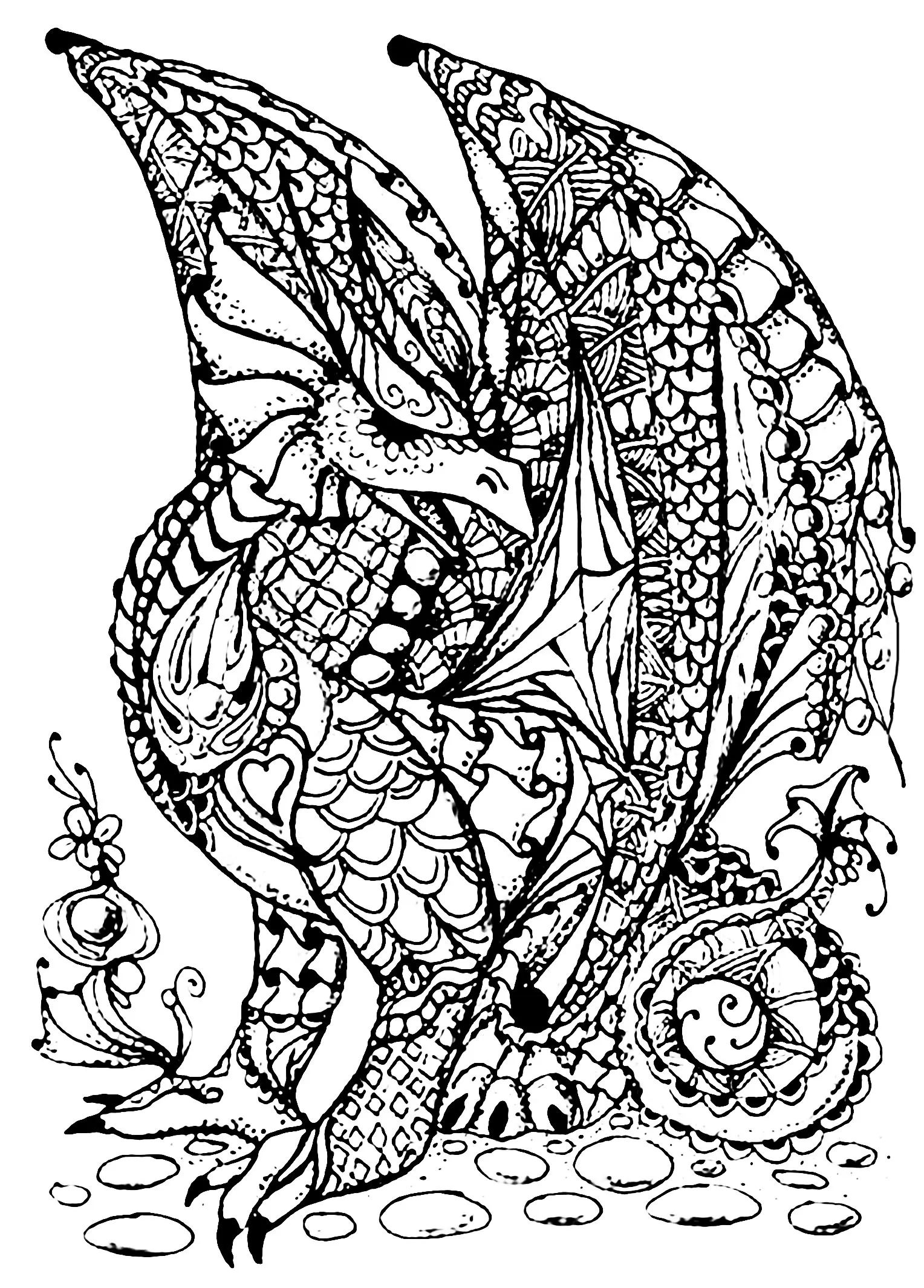 Dragon full of scales (Printable Coloring Page for adults)