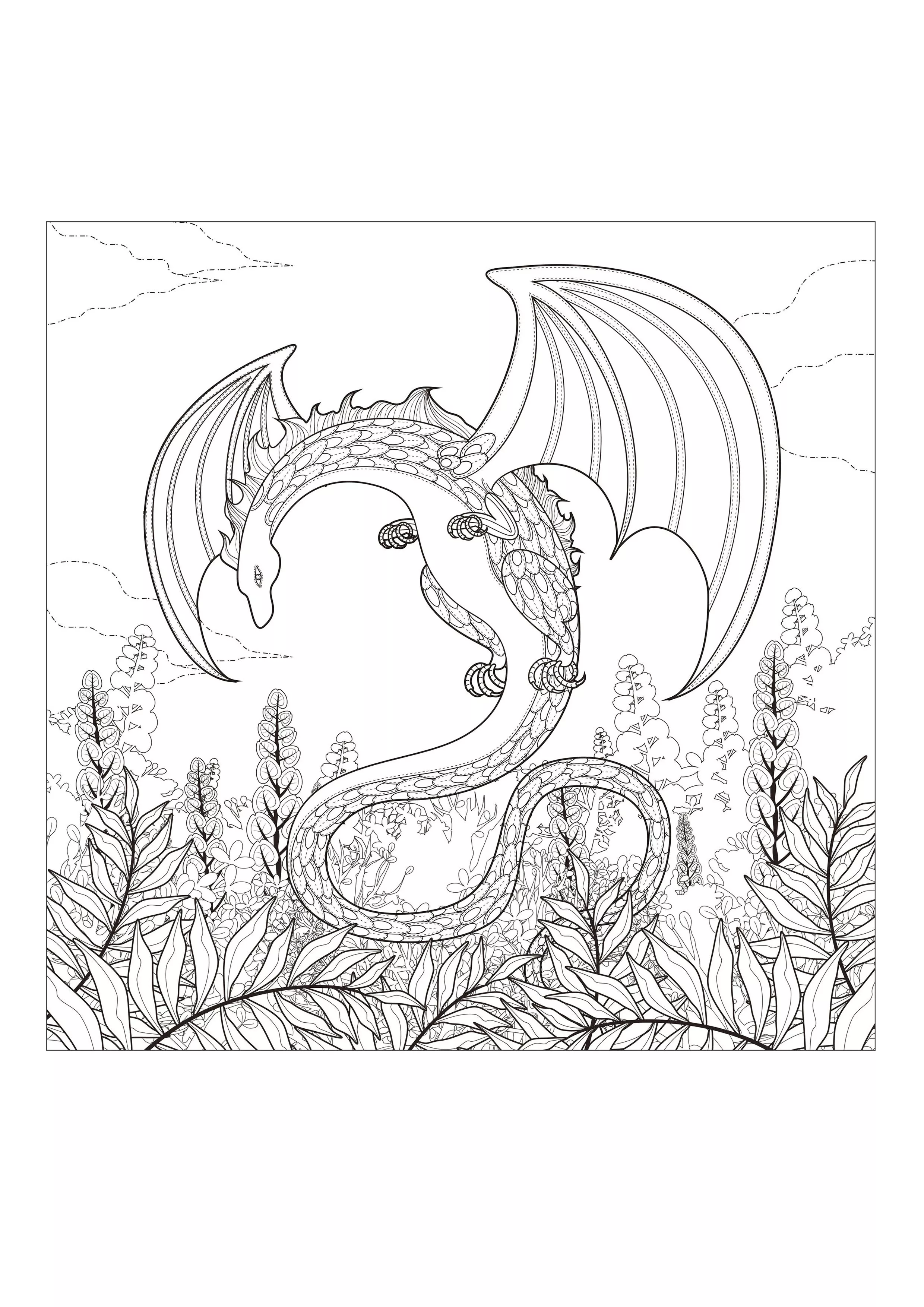 Dragon coloring page with many details