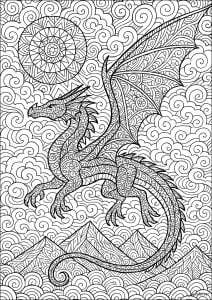 Highly detailed dragon in flight. A majestic dragon with outstretched wings and intricate patterns hovers above stylized mountains. Its detailed body and the sky filled with abstract swirls invite a soothing moment of creation. Highly detailed dragon in flight