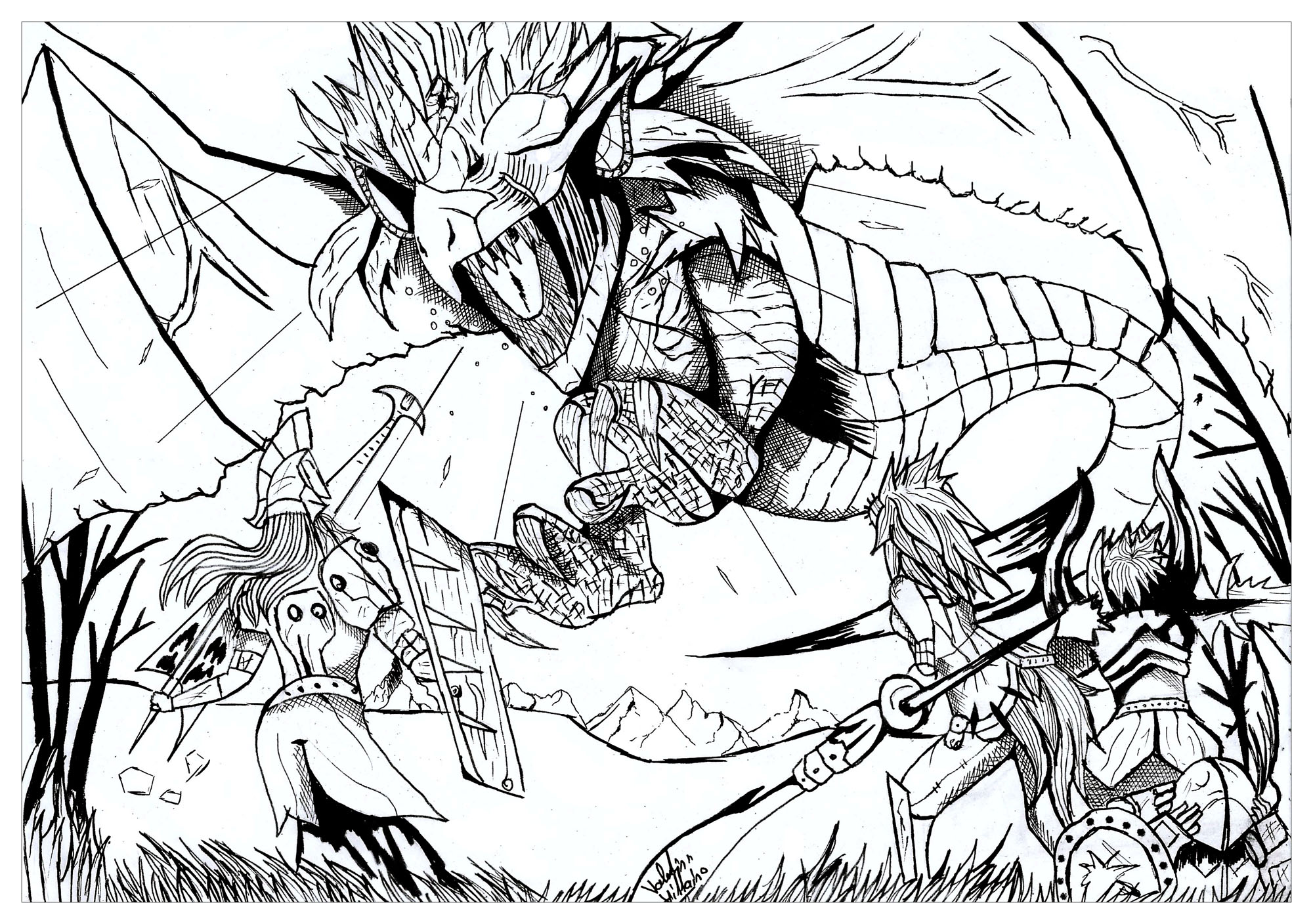 A coloring page inspired by video games Monster Hunter and Dragon Rathian, Artist : Valentin