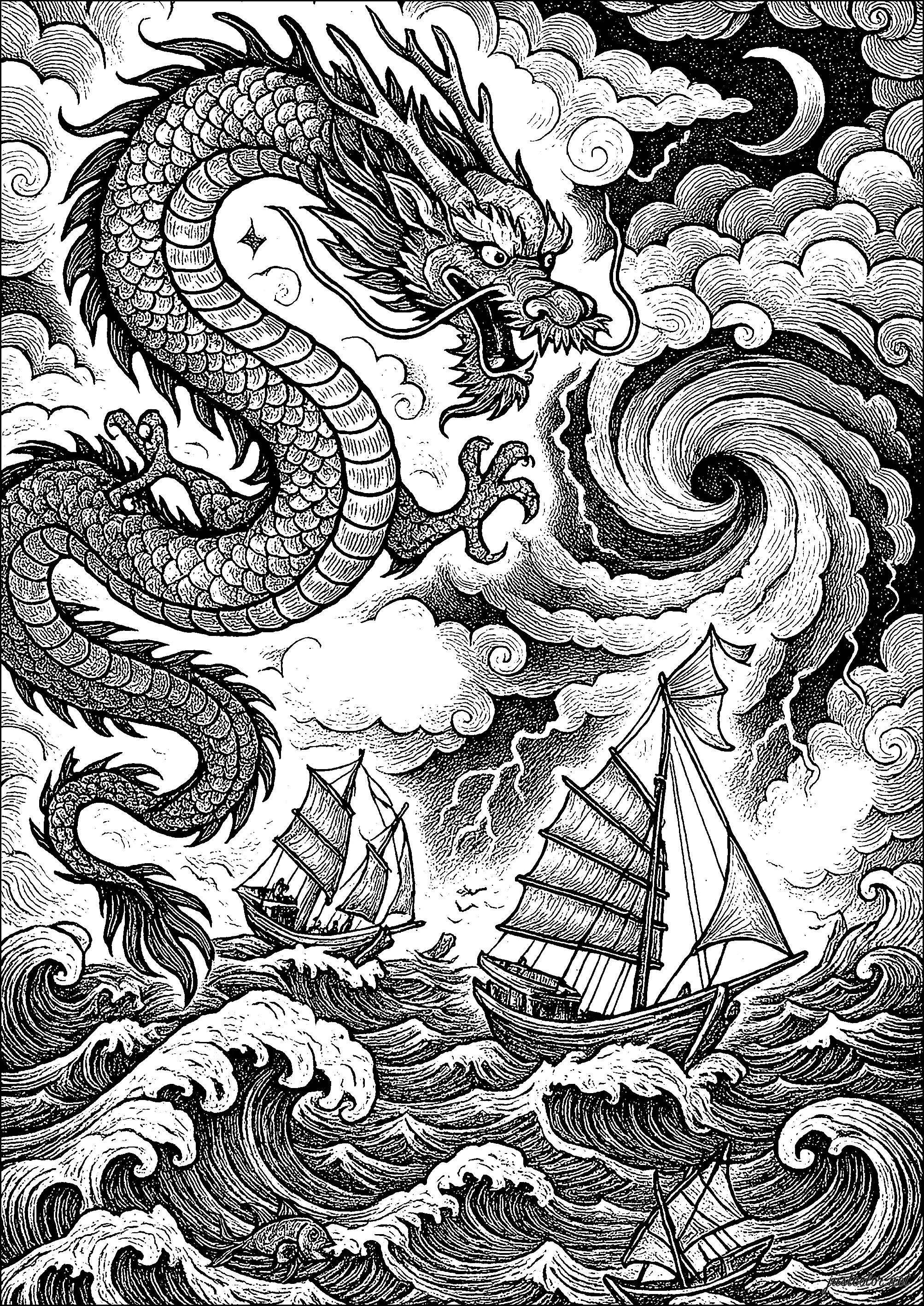 Mystical creature of the rough seas (Printable Dragon Coloring Page for adults)