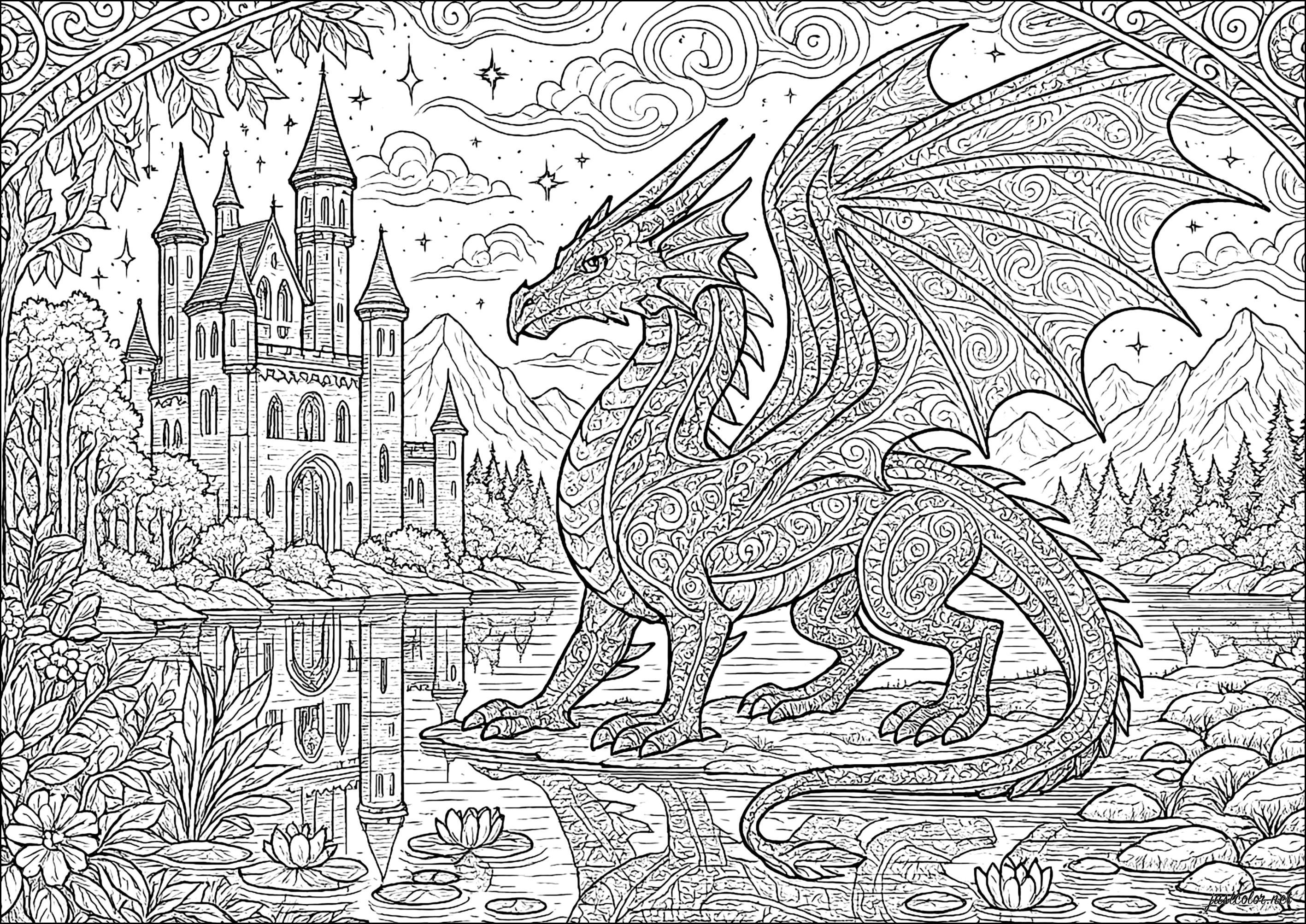 Majestic dragon in an enchanted landscape (Printable Coloring Page for adults)