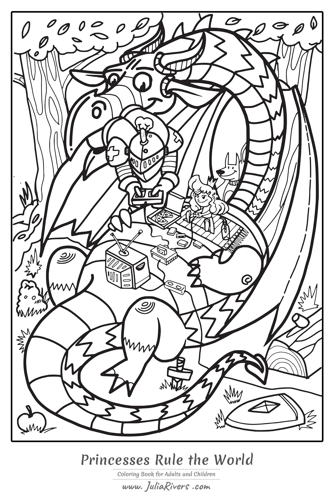 Princesses rule the world. 'Princesses rule the world': an original coloring book featuring a princess and a knight playing video games on a friendly dragon, Artist : Julia Rivers