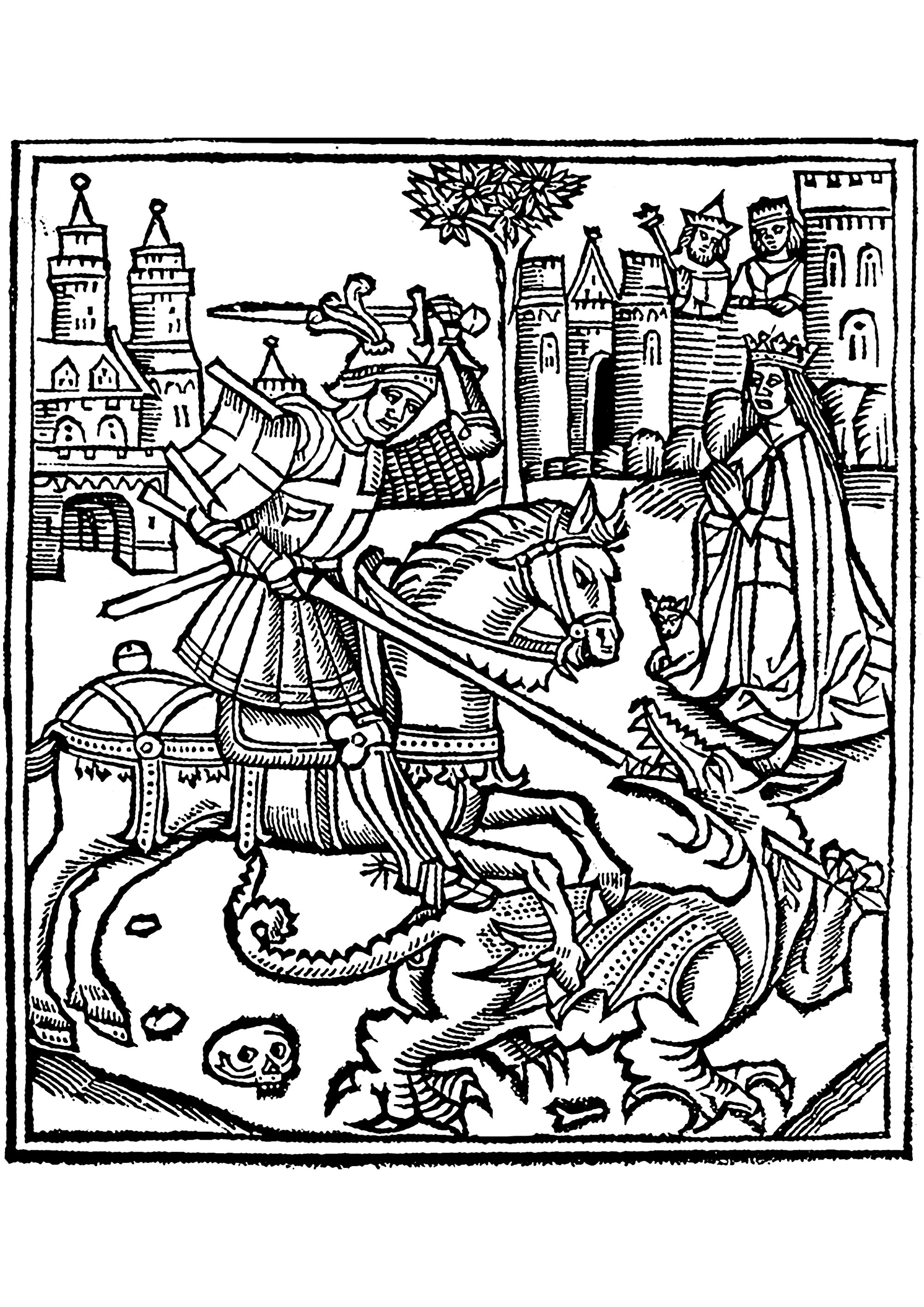 Coloring page created from a woodcut representing St George Slaying the Dragon, from the Life of Saint George (1515)