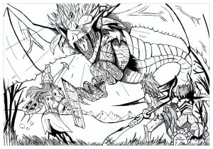 A coloring page inspired by video games Monster Hunter and Dragon Rathian