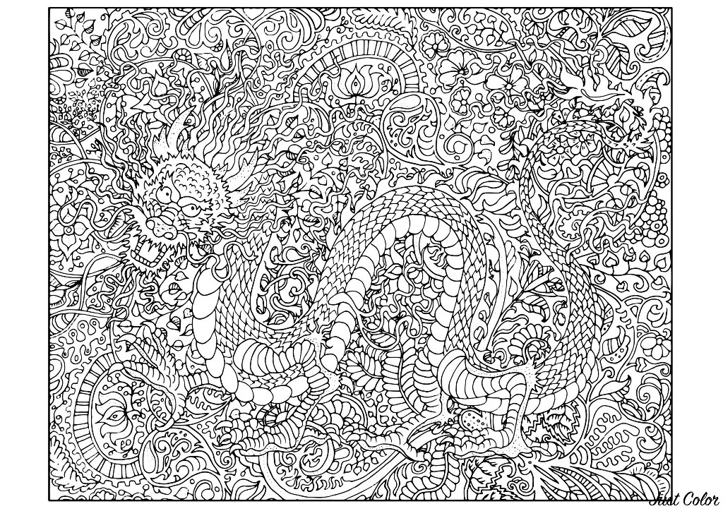 Full dragon in a complex coloring page, with background full of details and patterns