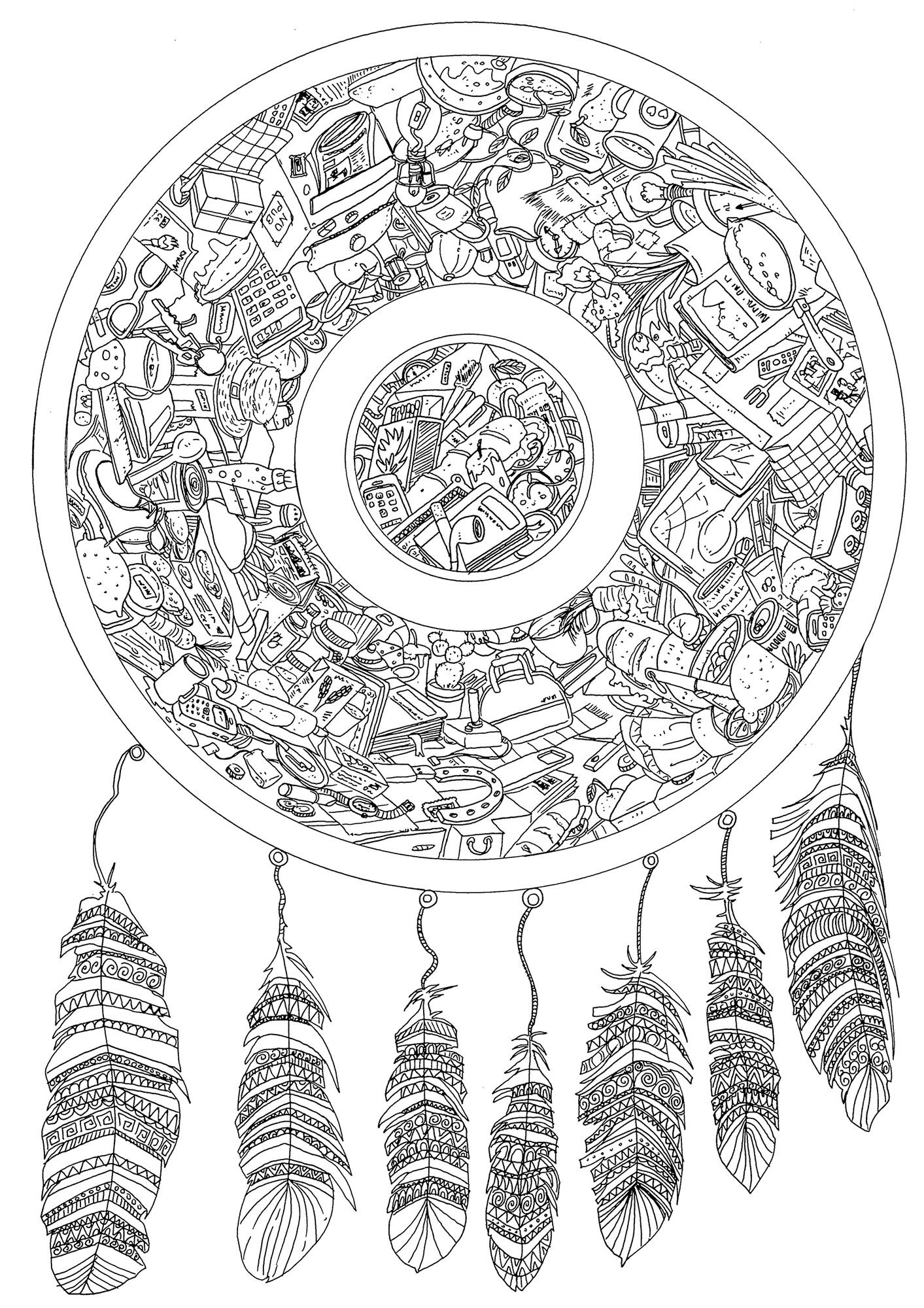 Dream catcher and hidden objects. Color this dream catcher, hiding lots of intricately drawn details.
