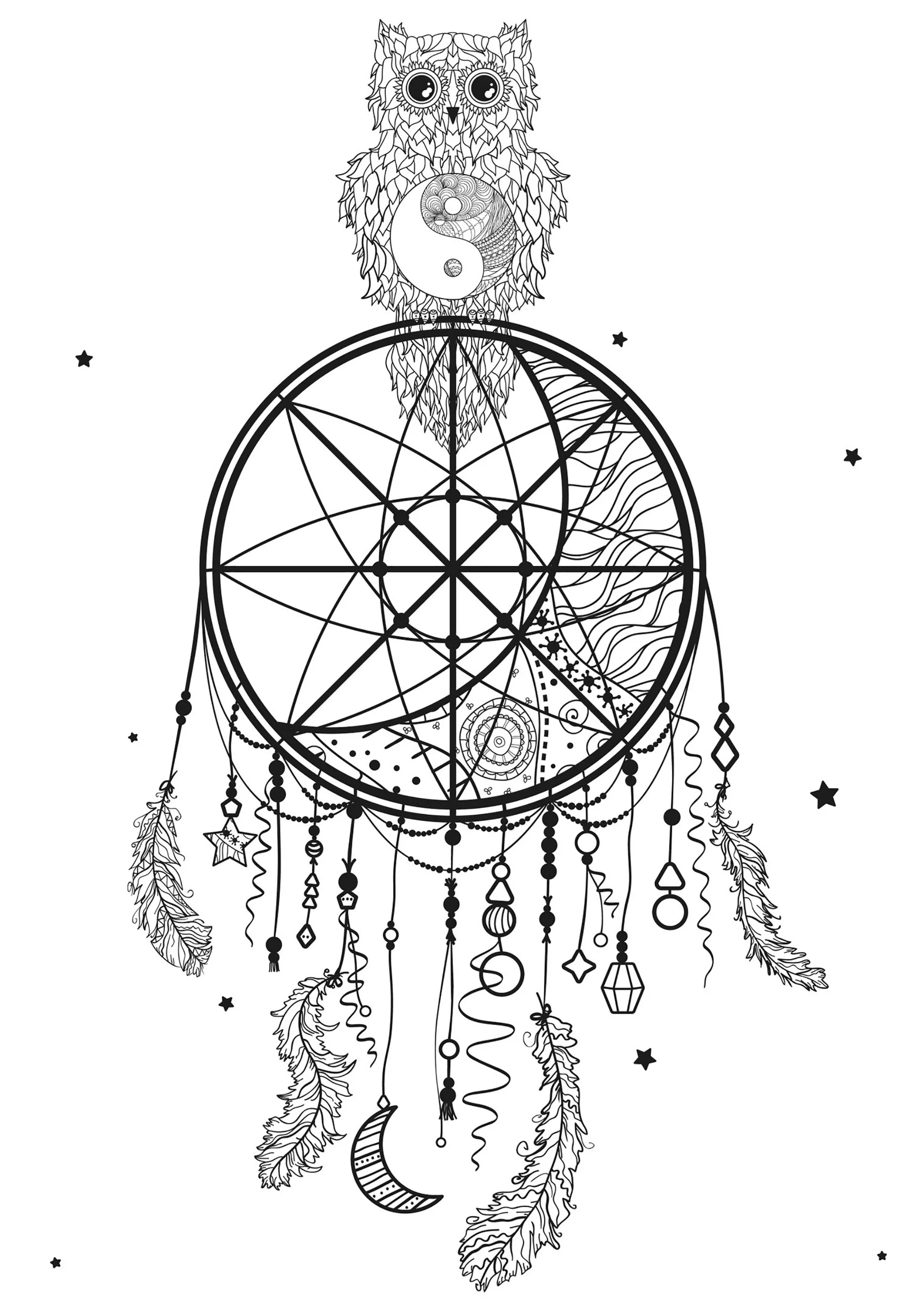 Dreamcatcher and owl (Printable Coloring Page for adults)