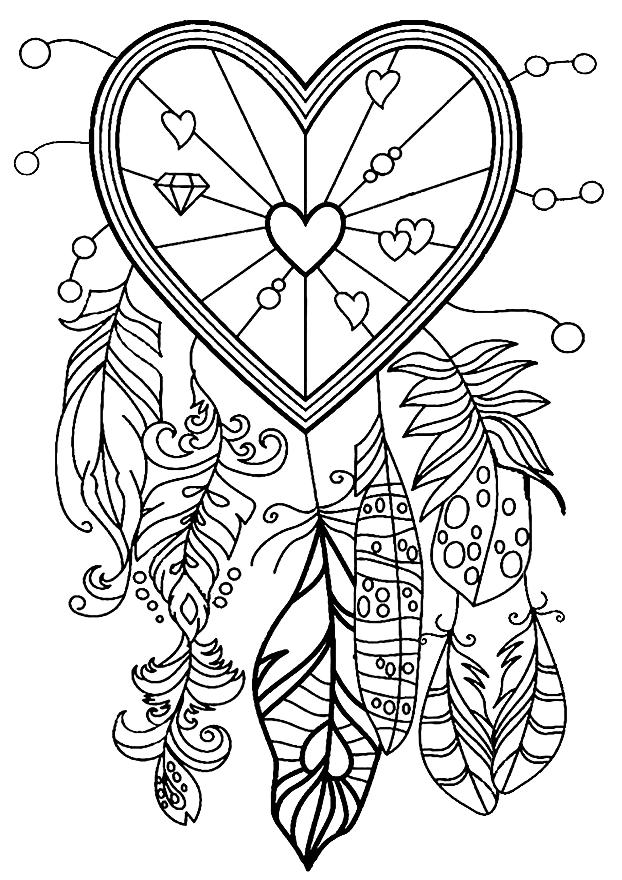 Dreamcatchers with hearts and feathers. A particularly charming and sweet coloring page