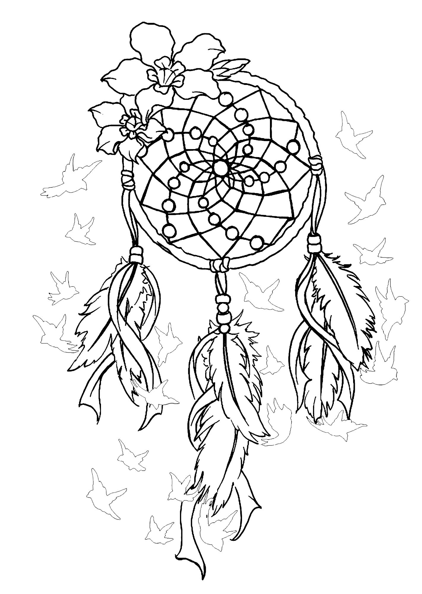 Coloring page of a magnificent dreamcatcher with birds