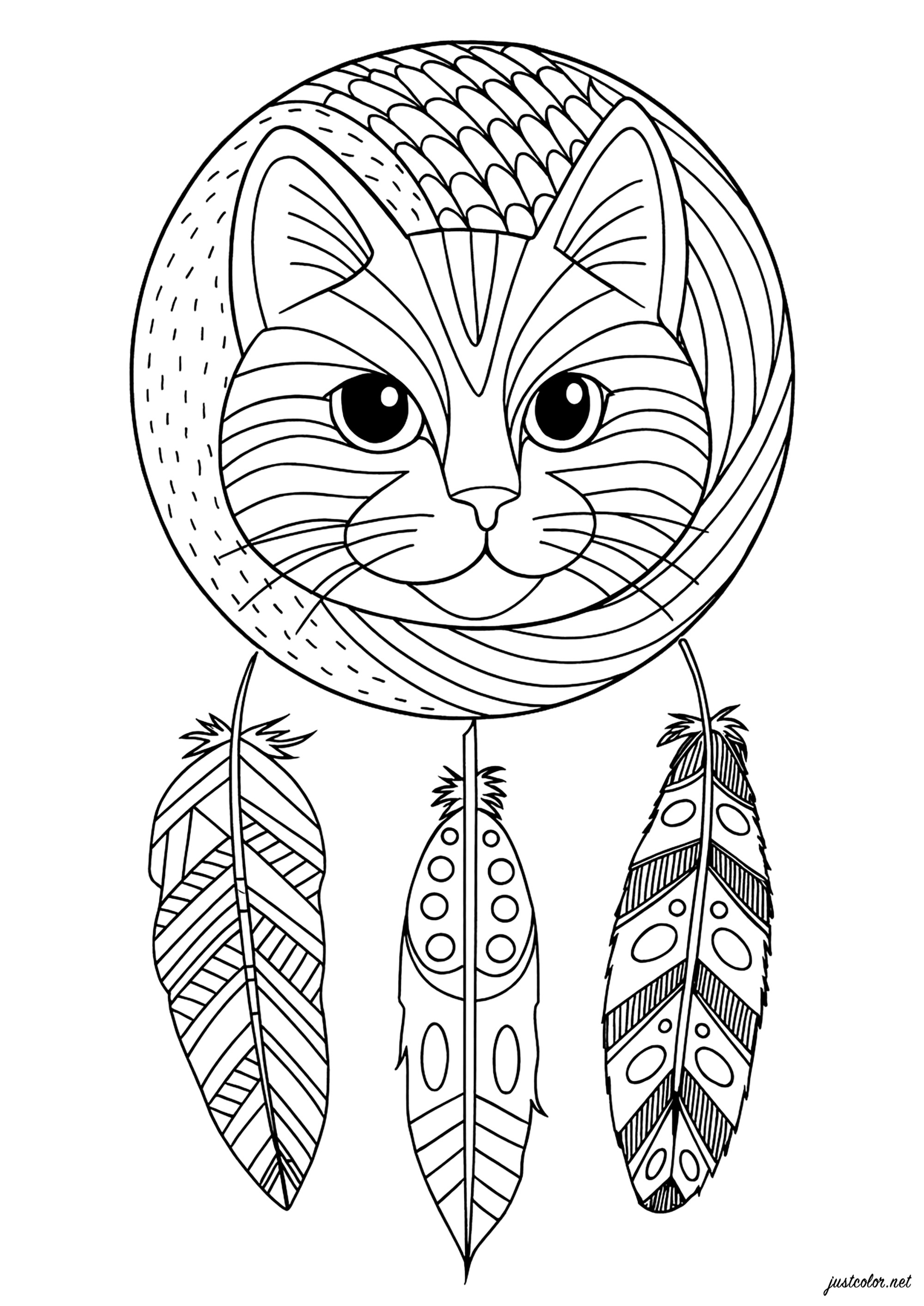 Feline charm with delicate feathers (Printable Dreamcatcher Coloring Page for adults)