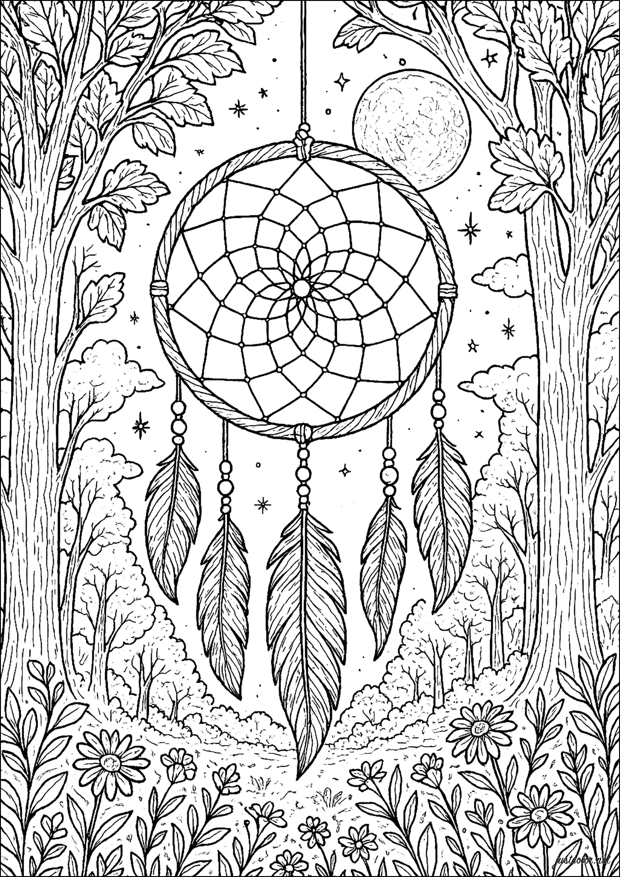 Moonlit Dreamcatcher in a forest (Printable Coloring Page for adults)