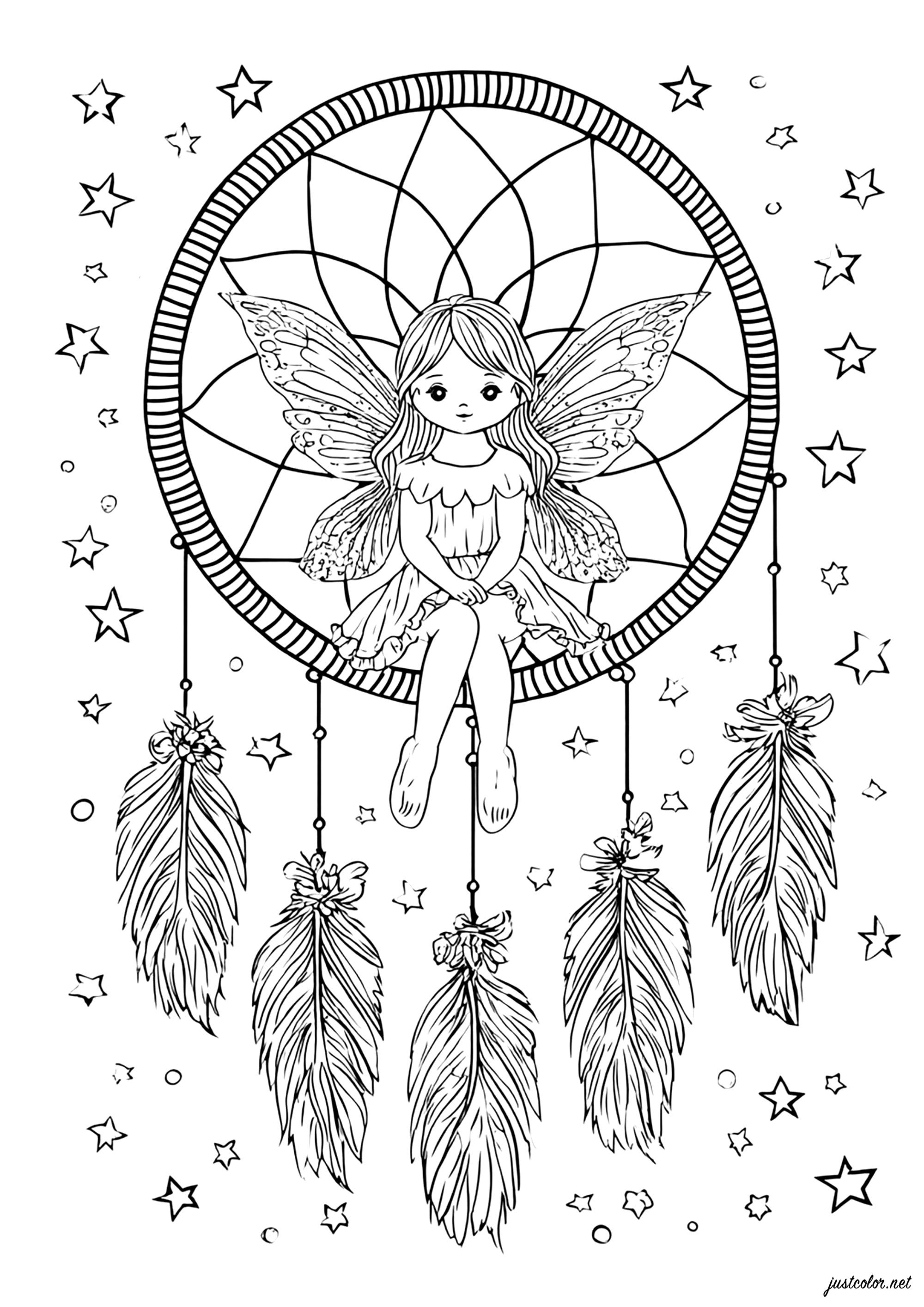 Dream fairy and starry dream catcher (Printable Dreamcatcher Coloring Page for adults)