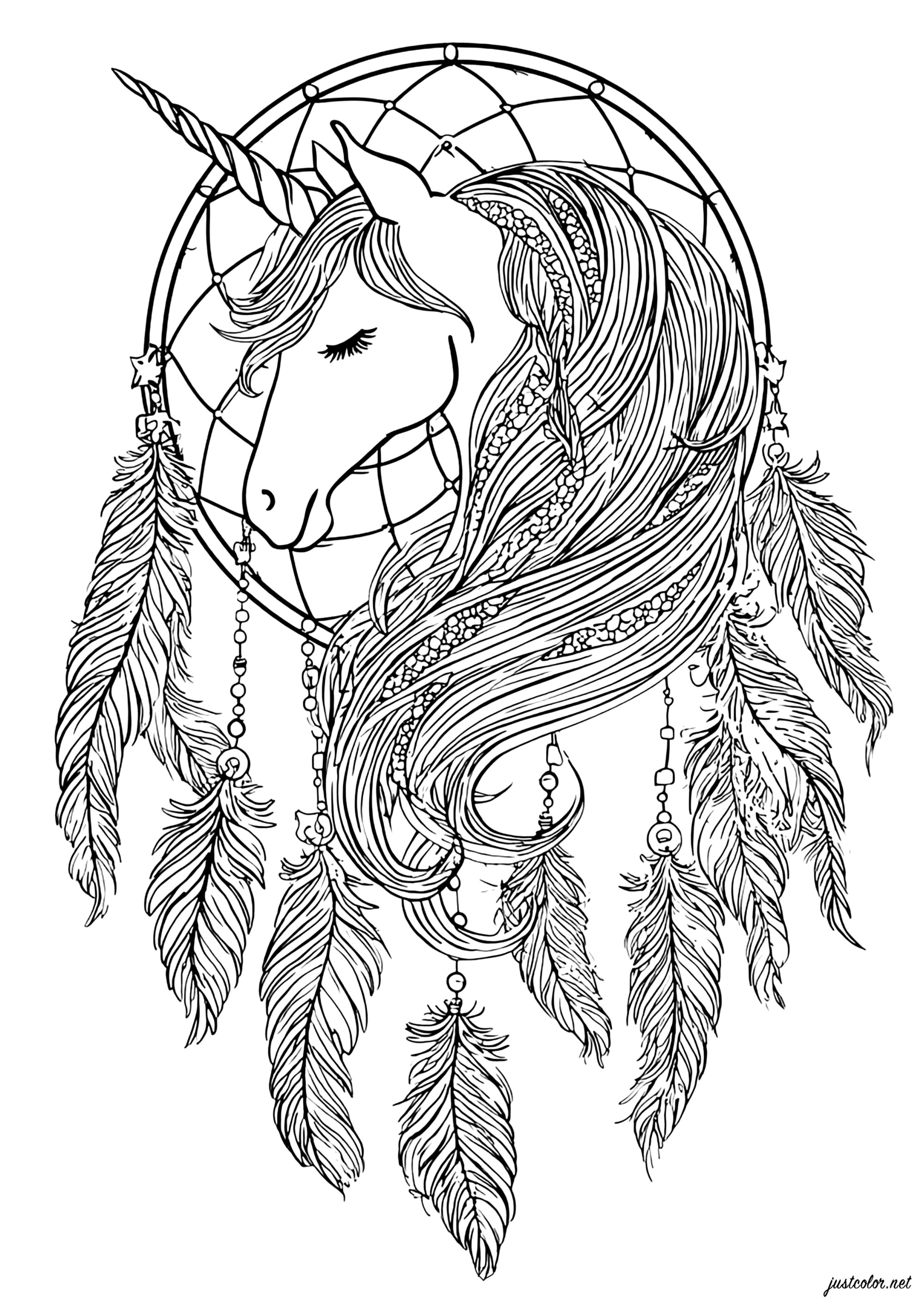 The magical beauty of a unicorn (Printable Dreamcatcher Coloring Page for adults)
