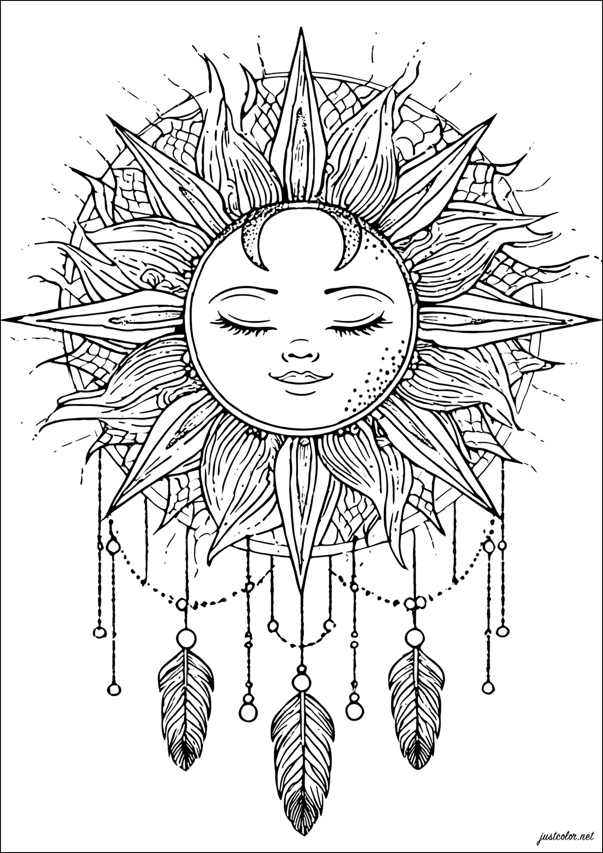 A soothing, mystical solar reverie (Printable Dreamcatcher Coloring Page for adults)