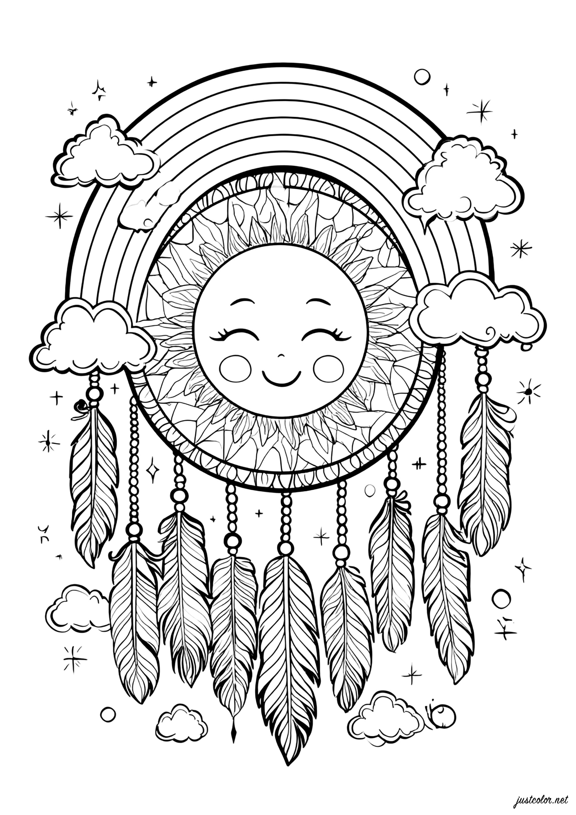 Soleil Rêveur and Arc-en-Ciel (Printable Dreamcatcher Coloring Page for adults)