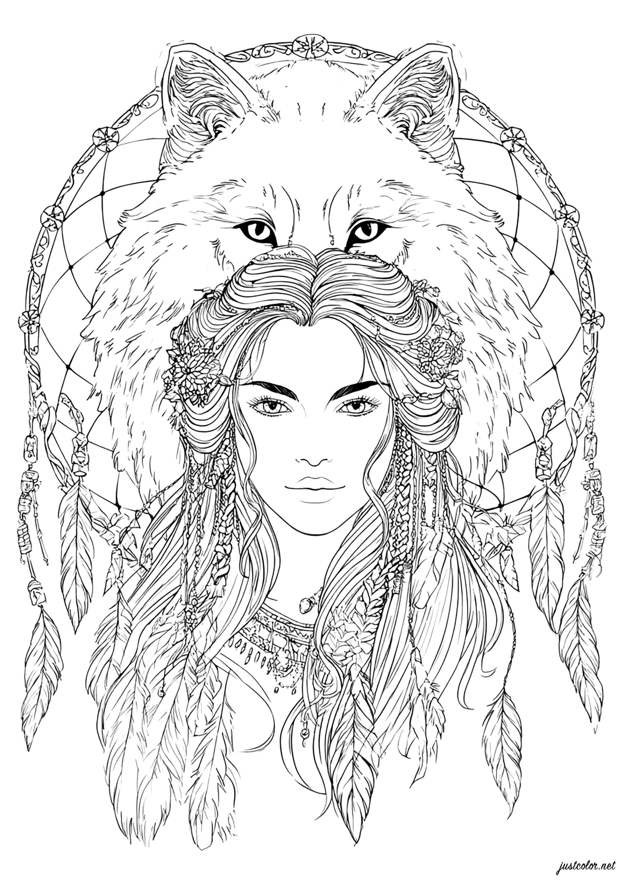 Mystical fusion of nature (Printable Dreamcatcher Coloring Page for adults)