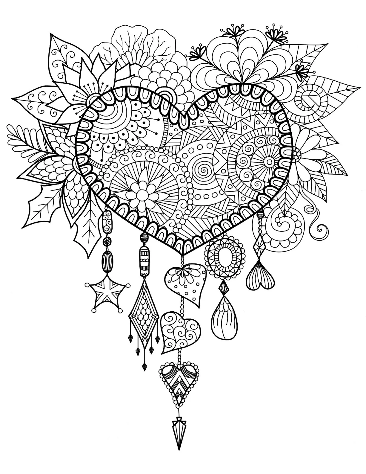 Heart-shaped dream catcher (Printable Dreamcatcher Coloring Page for adults)