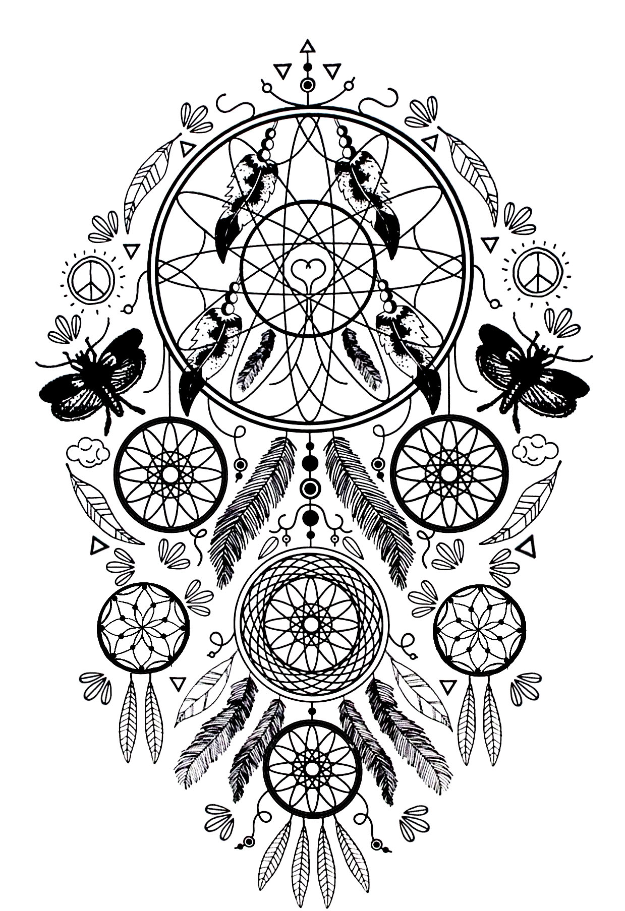 Dreamcatcher to print and color : Butterflies and feathers