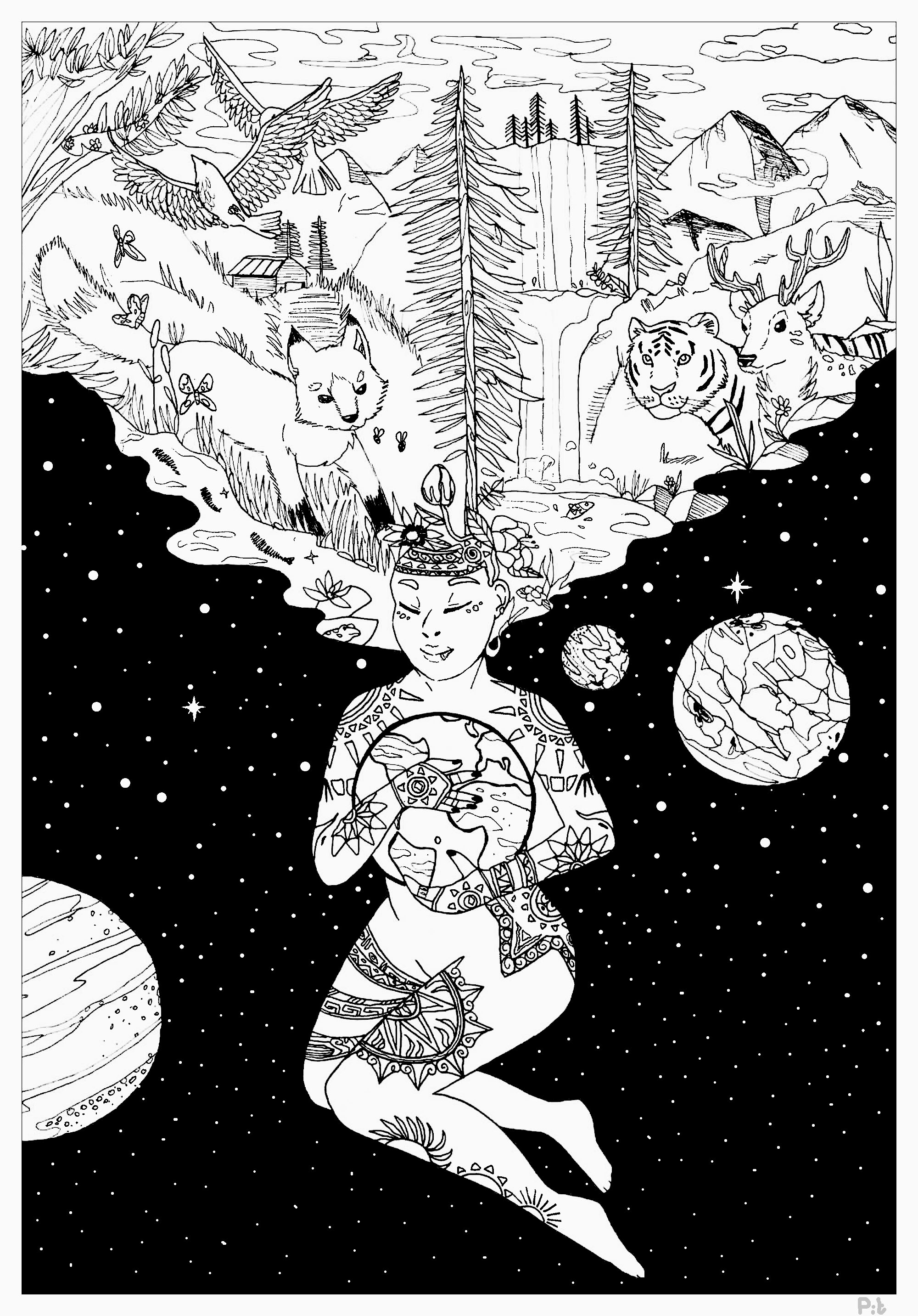 Beautiful coloring page for the Earth Day. The goddess of the sun holds the Earth to create life, Artist : Pauline