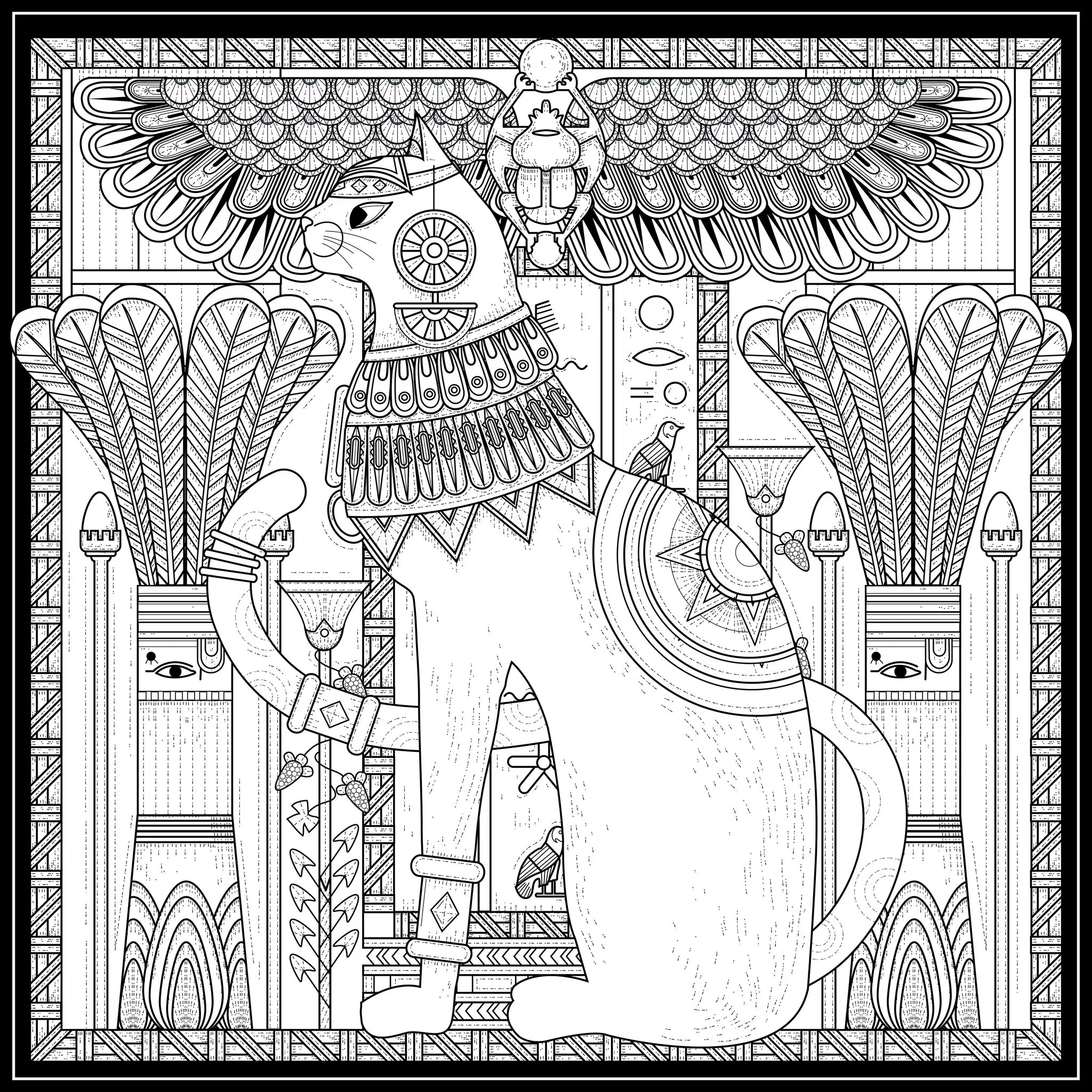 Egypt cat egyptian style and symbols by kchung (Printable Egypt & Hieroglyph Coloring Page for adults)