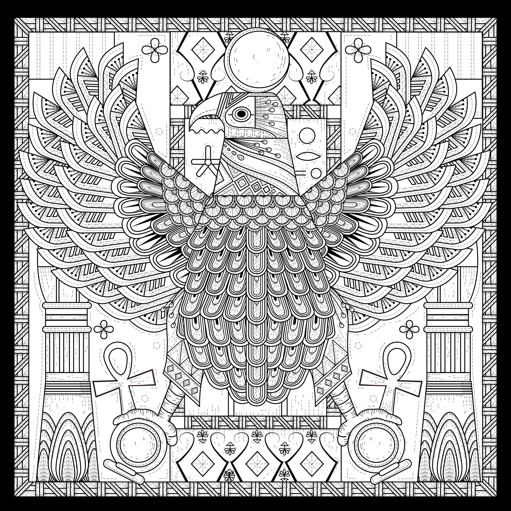 Egypt eagle egyptian style with symbols by kchung (Printable Egypt & Hieroglyph Coloring Page for adults)