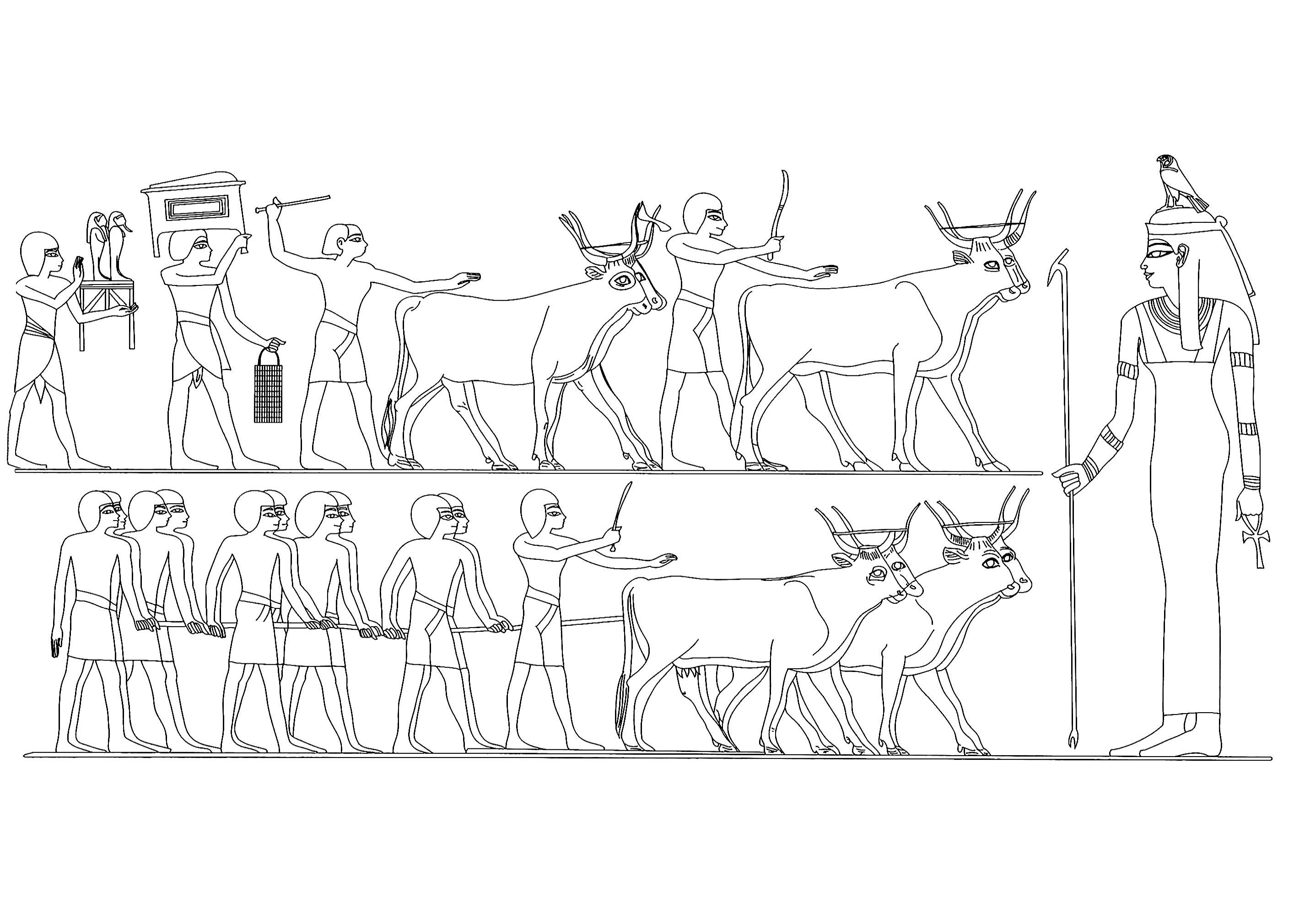 Procession funéraire avec la déesse Imentèt (déesse de l'Occident). Dessin réalisé à partir d'une peinture du Tombeau de Menna en Egypte