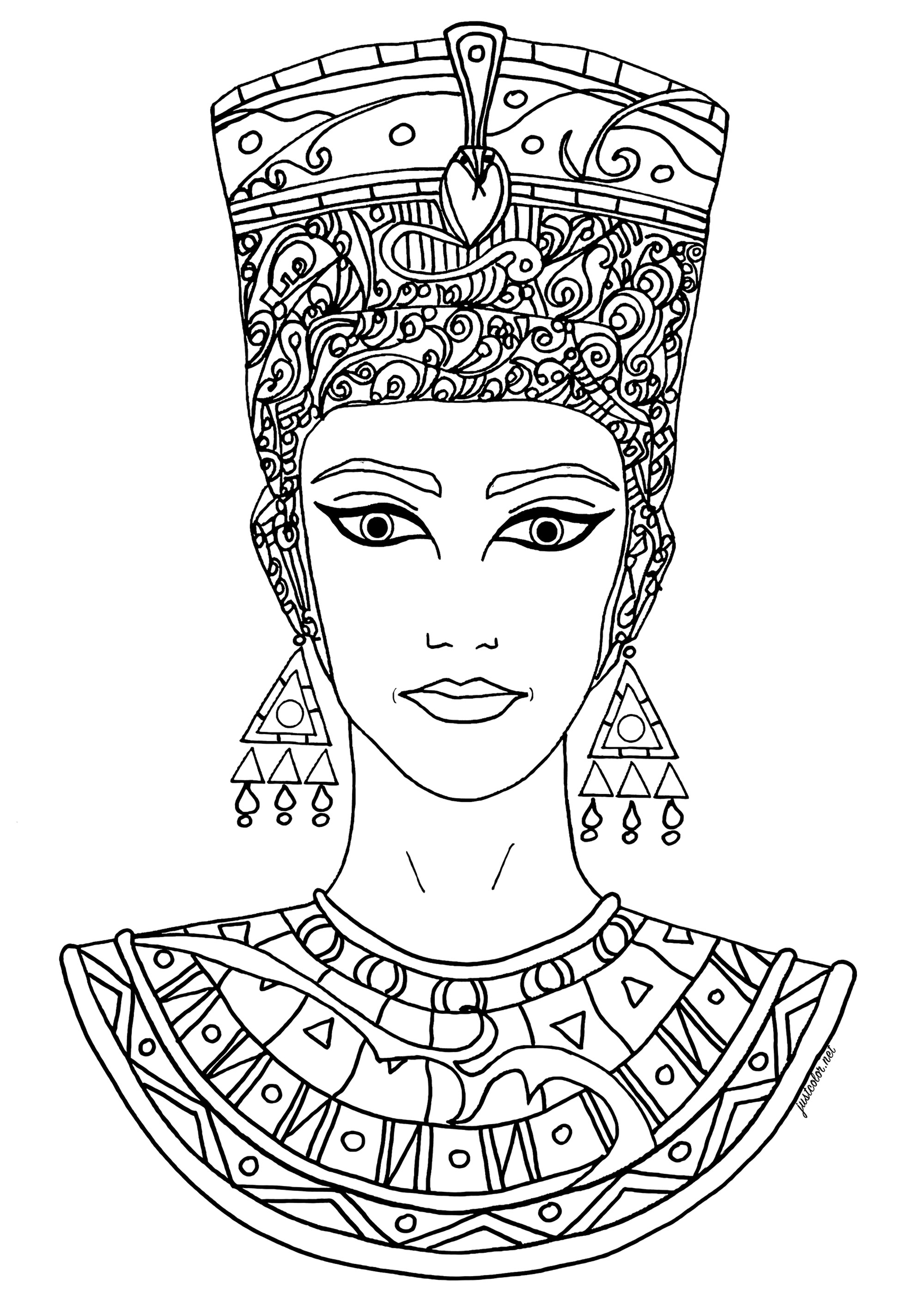 Lovely drawing freely inspired by Nefertiti. Nefertiti was an ancient Egyptian queen, wife of the pharaoh Akhenaten who reigned around 1353-1336 B.C. She is best known for her role in Akhenaten's religious revolution, which saw the cult of Aten, the sun god, become the dominant religion of Egypt, and for her famous bust, which is considered one of the most important works of Egyptian art.