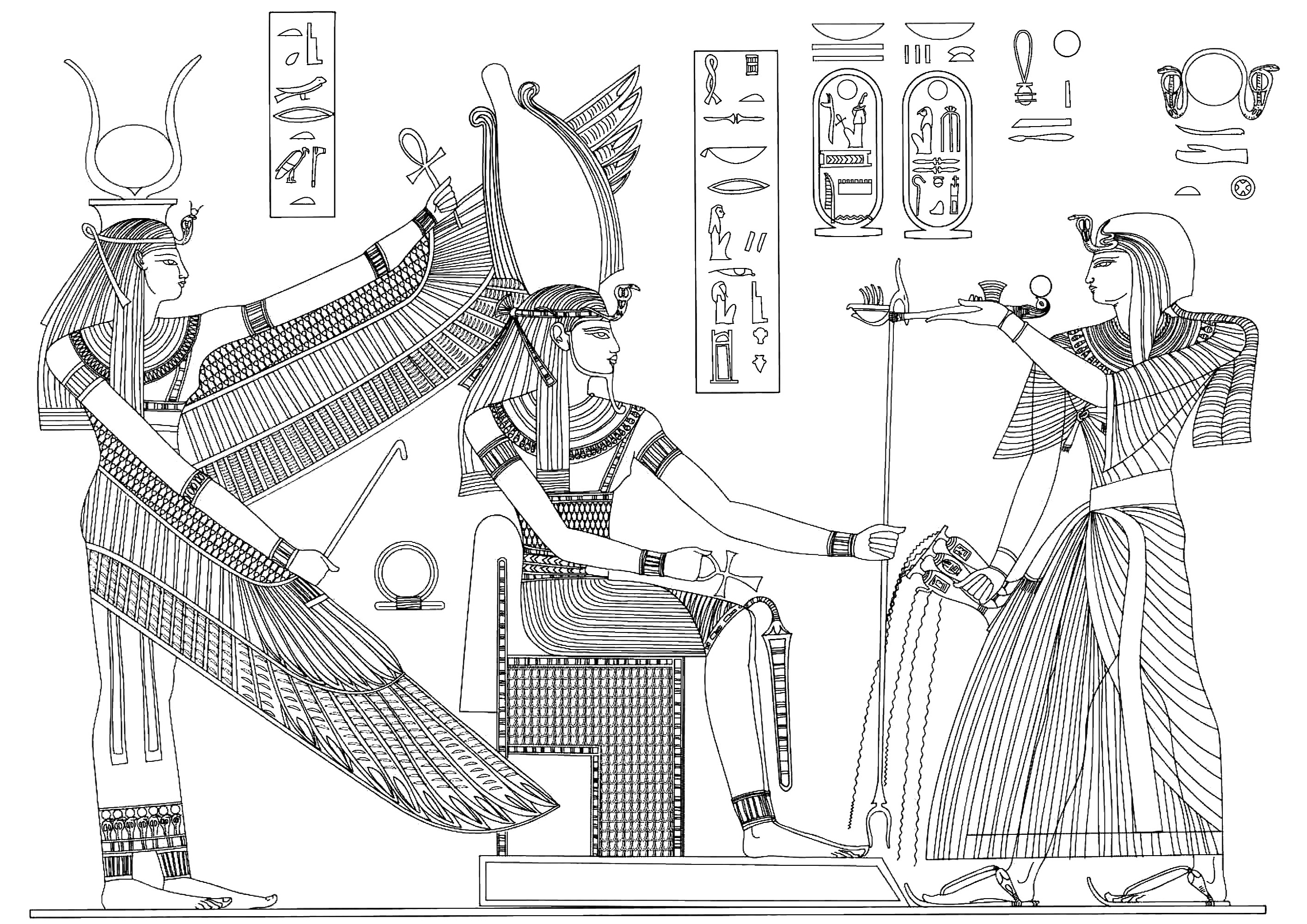 Pharaoh offering incense to Isis and Osiris