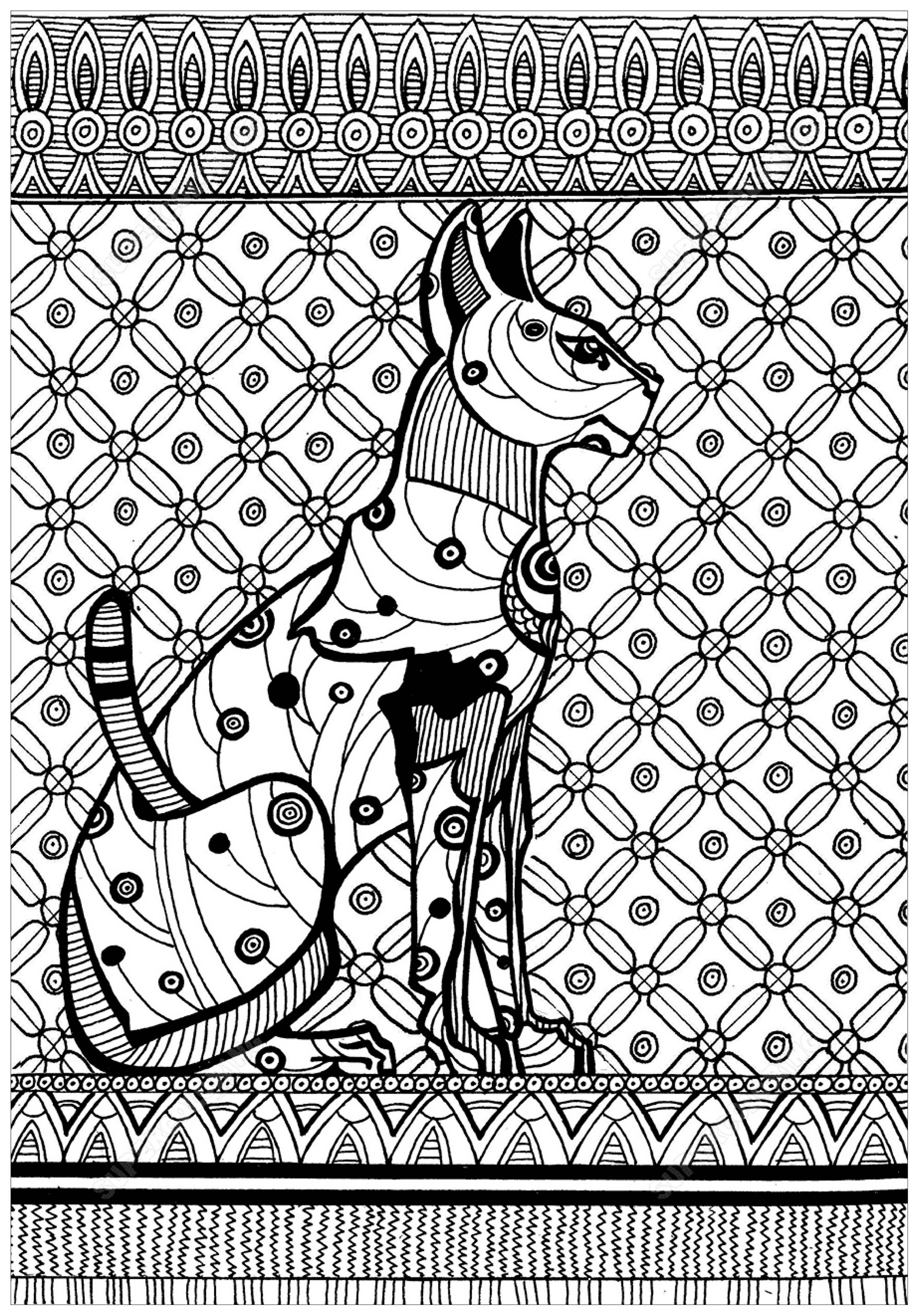Egyptian cat with drawing inspired by Ancient Egypt art, Artist : Krivosheeva Olga (Ori Akuma)   Source : Supercoloring