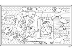 Fishing in ancient Egypt. Coloring created from stained glass. It features symbols and motifs typical of ancient Egypt, combined with Tiffany's unique stained glass and opalescent glass techniques. Fishing in ancient egypt