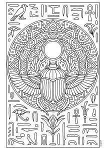Scarab integrated into a Mandala with Egyptian hieroglyphs (Egypt & Hieroglyph Coloring Page)
