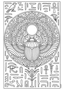 Scarab integrated into a mandala with egyptian hieroglyphs