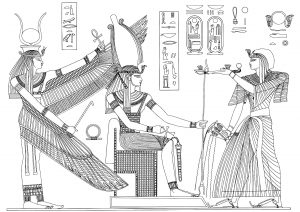 Pharaoh offering incense to Isis and Osiris (Egypt & Hieroglyph Coloring Page)