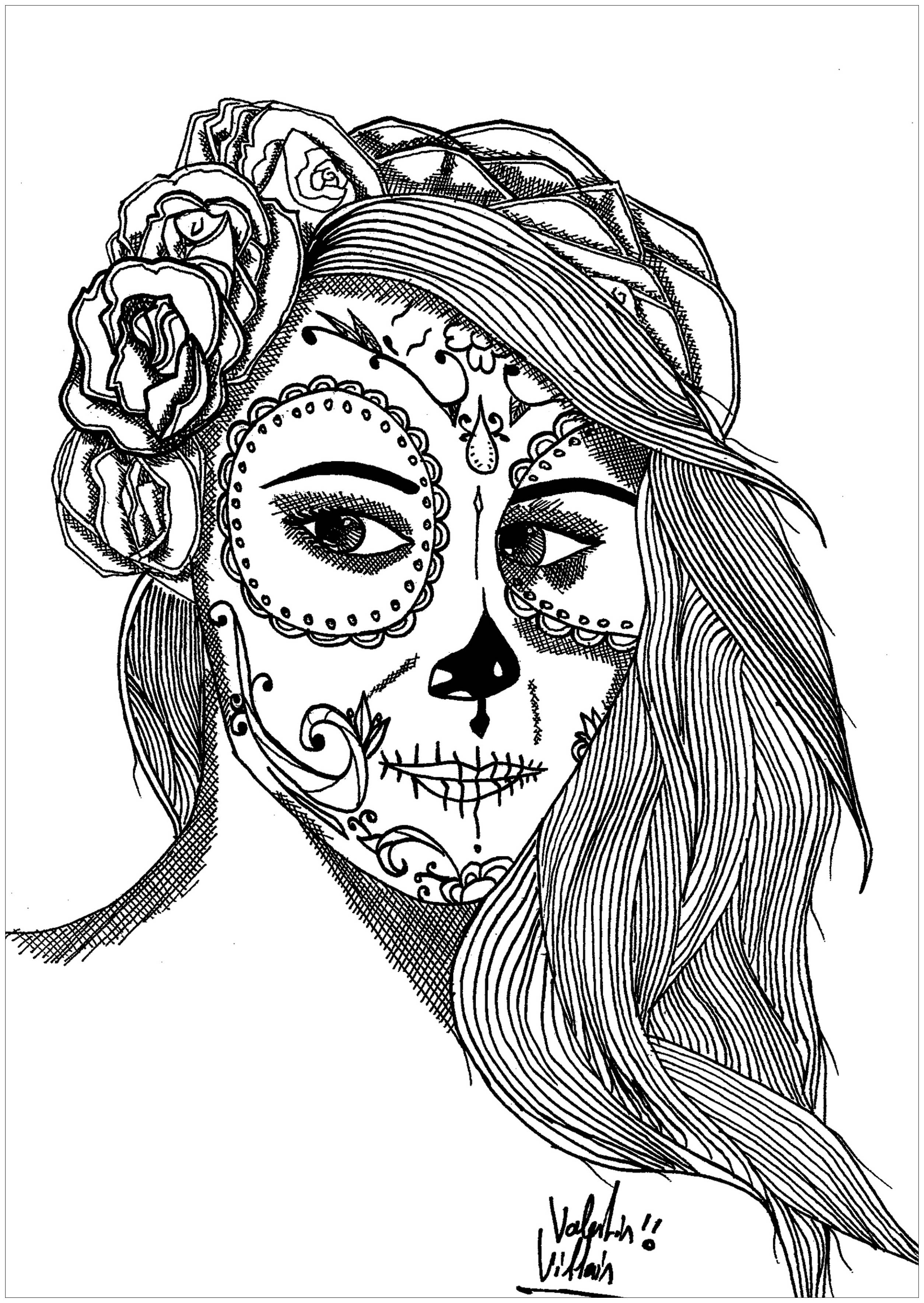 Coloring page representing a woman with a makeup inspired by the Mexican holiday celebrated 'Día de los Muertos', Artist : Valentin