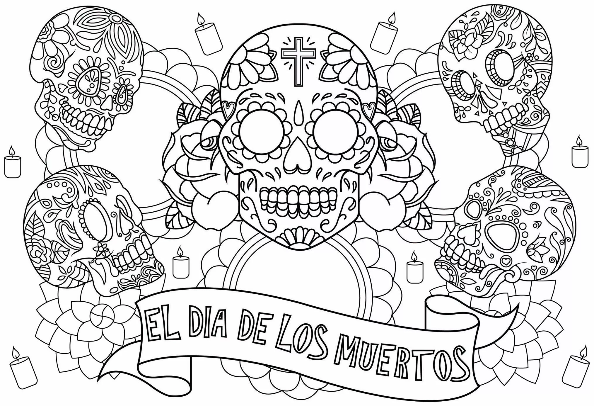 El dia de los muertos five skulls (Printable Coloring Page for adults)