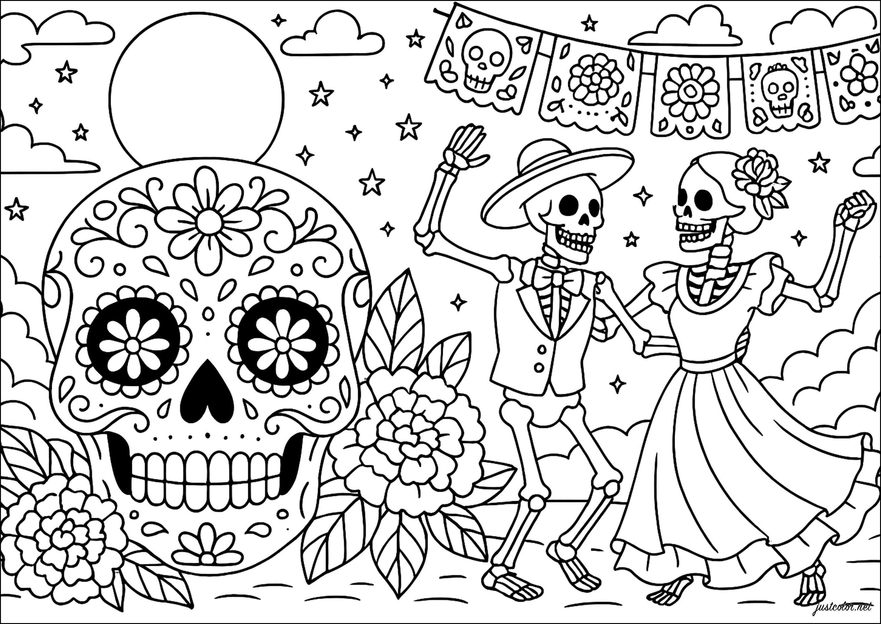 Skeleton dance (Printable El Día de los Muertos Coloring Page for adults)