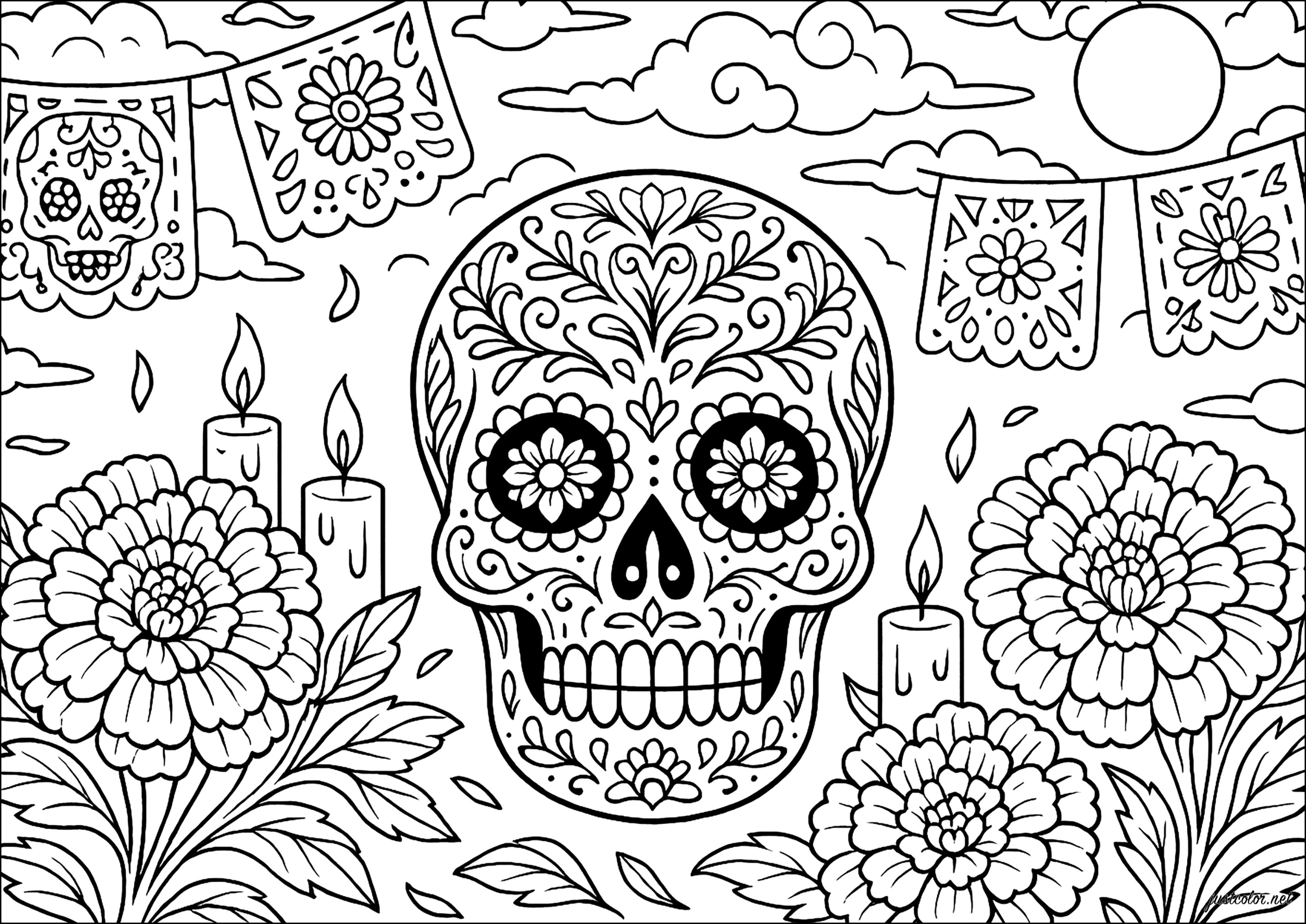 Calaveras with flowers and flags (Printable El Día de los Muertos Coloring Page for adults)