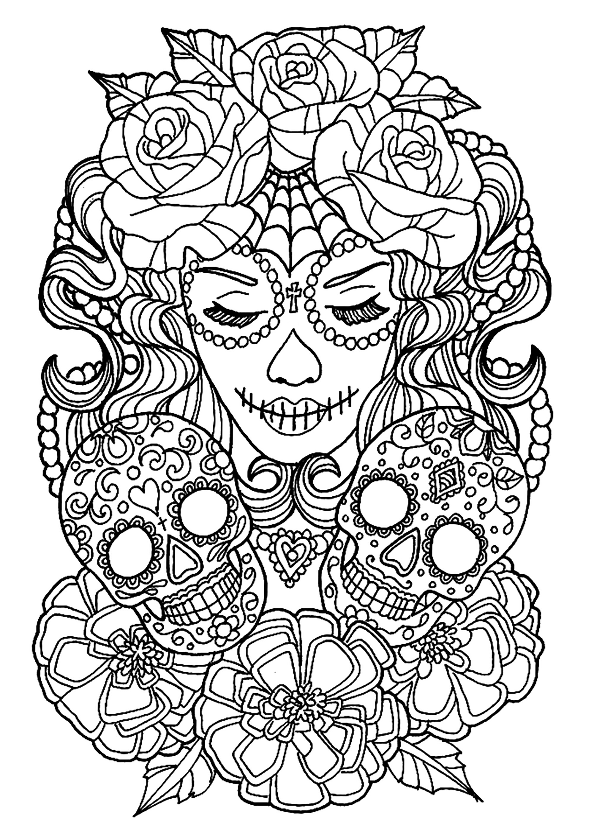 Female figure with closed eyes, skulls and flowers. The skulls and flowers are harmoniously arranged, creating a highly aesthetic effect.The female figure is depicted with a calm, serene expression, adding a touch of softness to the whole.