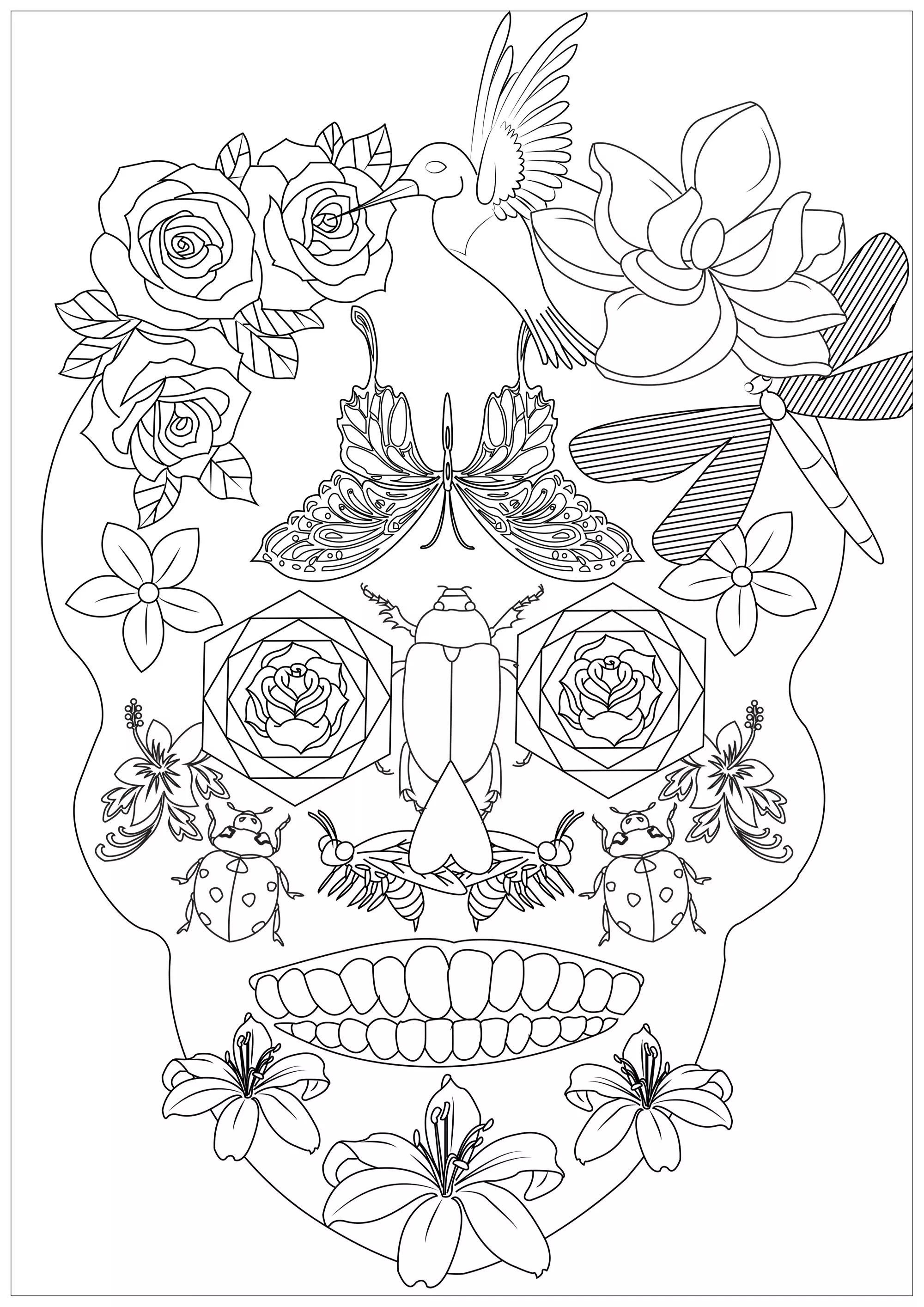 Savage skull with insects (Printable El Día de los Muertos Coloring Page for adults)
