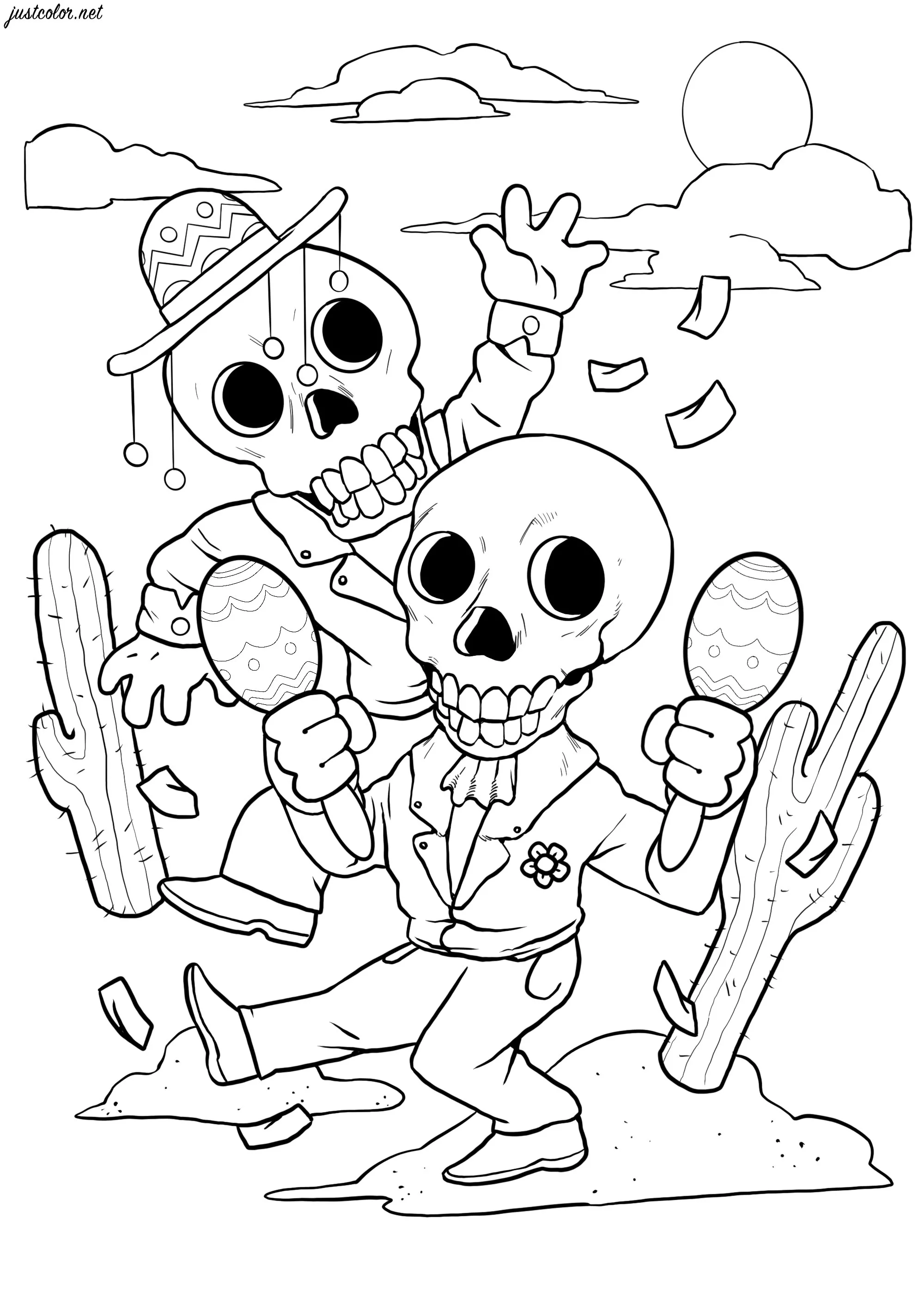 Dancing skeletons (Printable El Día de los Muertos Coloring Page for adults)