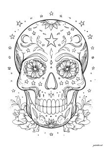 Finely drawn skull adorned with floral motifs (El Día de los Muertos Coloring Page)